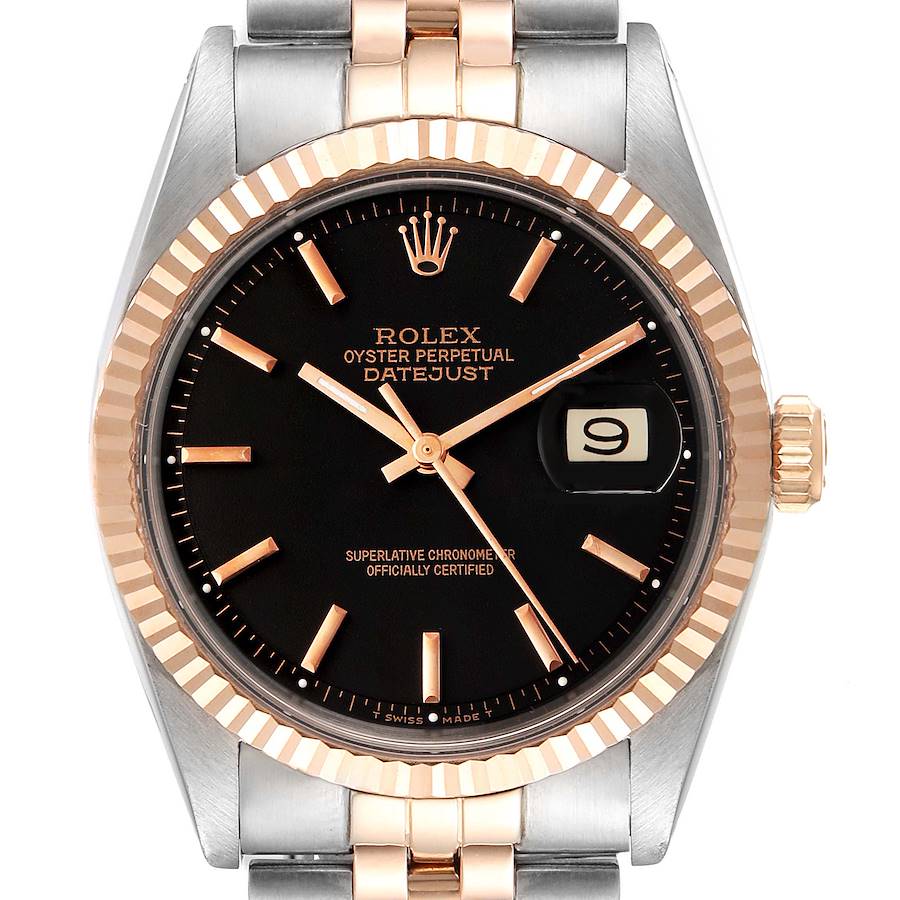Rolex Datejust Steel Rose Gold Black Dial Vintage Mens Watch 1601 SwissWatchExpo