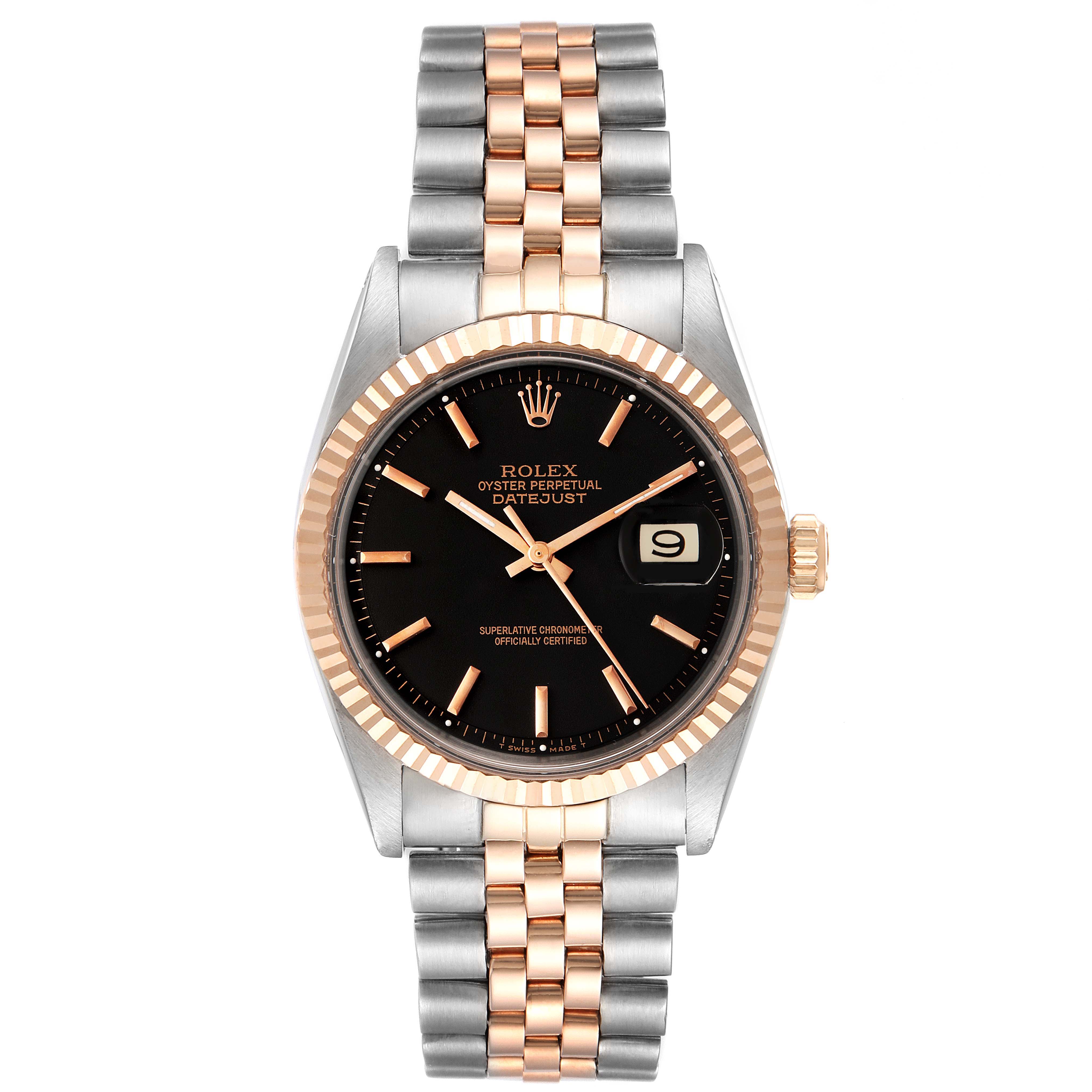 This image shows the face and band of a Vintage Collection Rolex Oyster Perpetual Datejust watch at a straight-on angle.