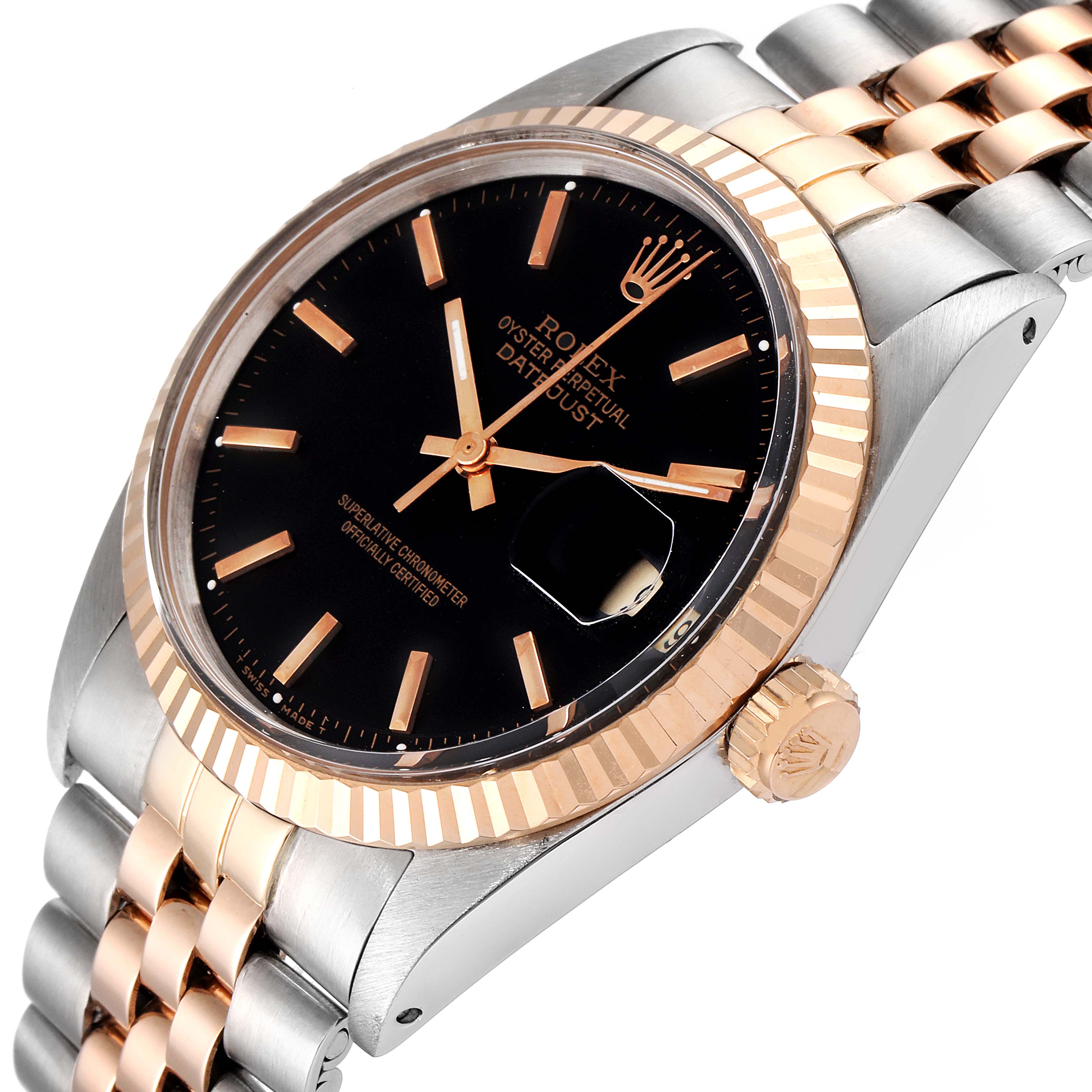 This image shows a close-up, angled view of the Vintage Collection Rolex Datejust watch, highlighting its face, bezel, and bracelet.