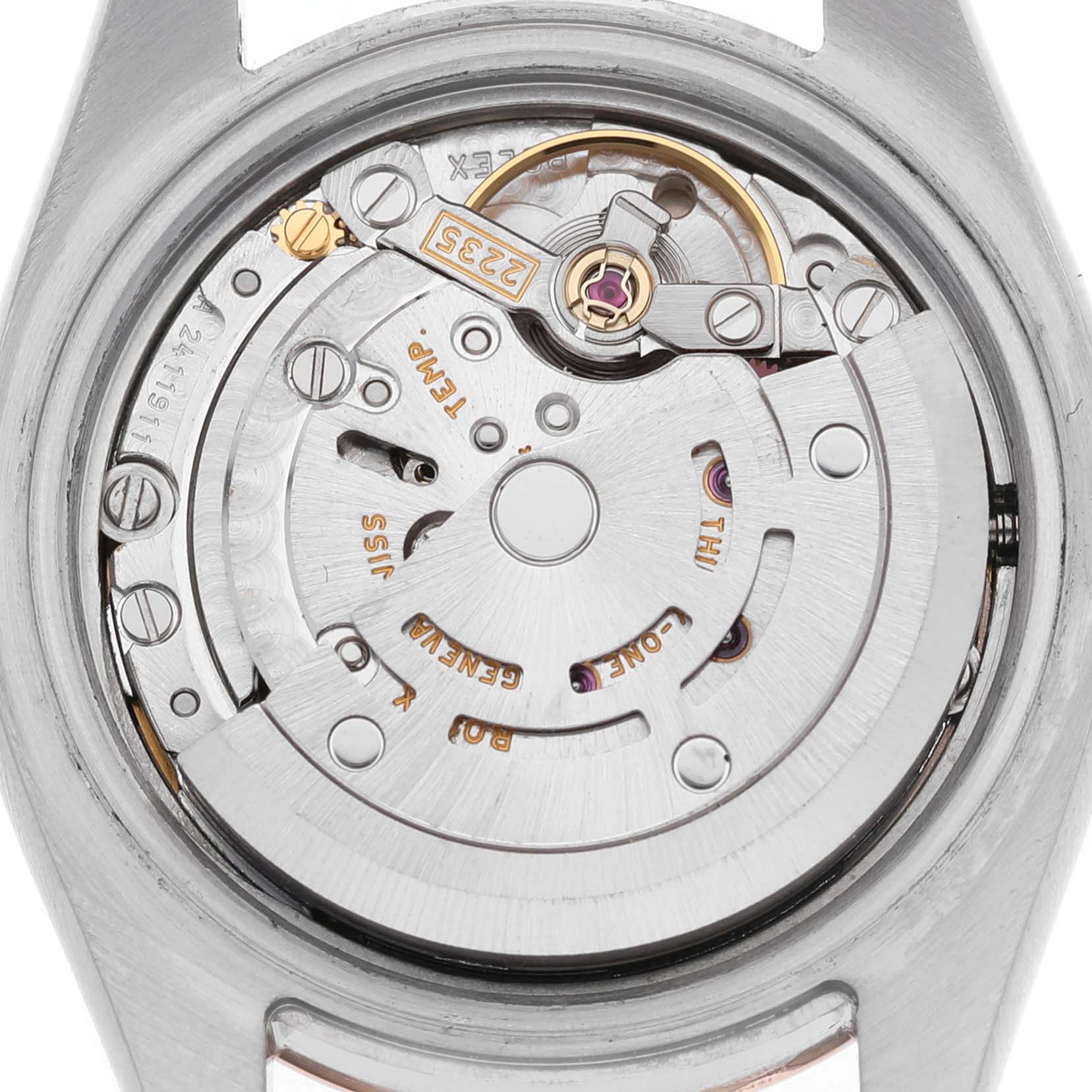 The image shows the movement mechanism of a Rolex Datejust 179161 Women's Stainless Steel White Dial watch viewed from the back.