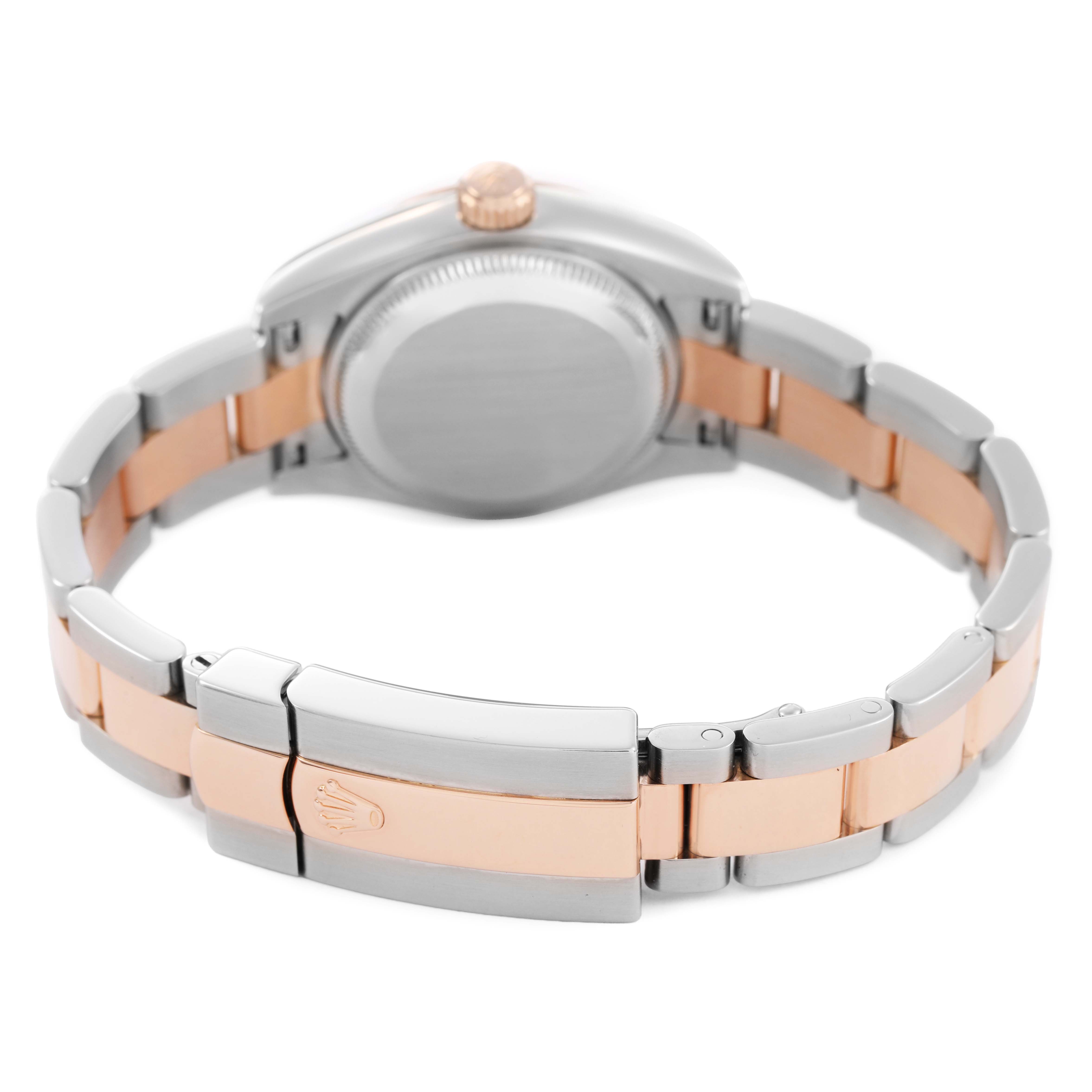 The Rolex Datejust 179161 Women's Stainless Steel White Dial is shown from the back, highlighting the case back and two-tone bracelet with the clasp visible.
