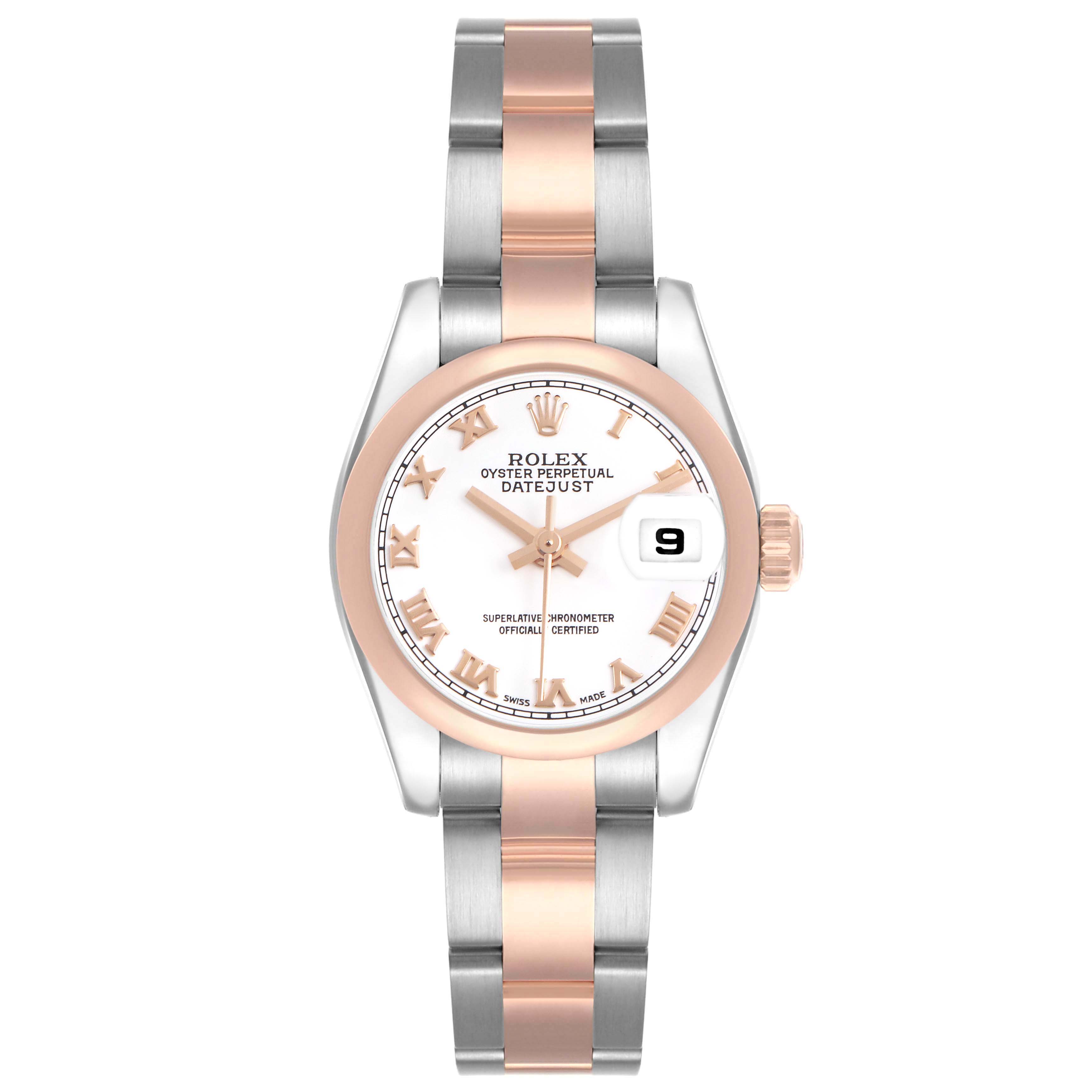 The Rolex Datejust 179161 Women's Stainless Steel White Dial watch is shown from a top-down angle, displaying the face, bracelet, and crown.