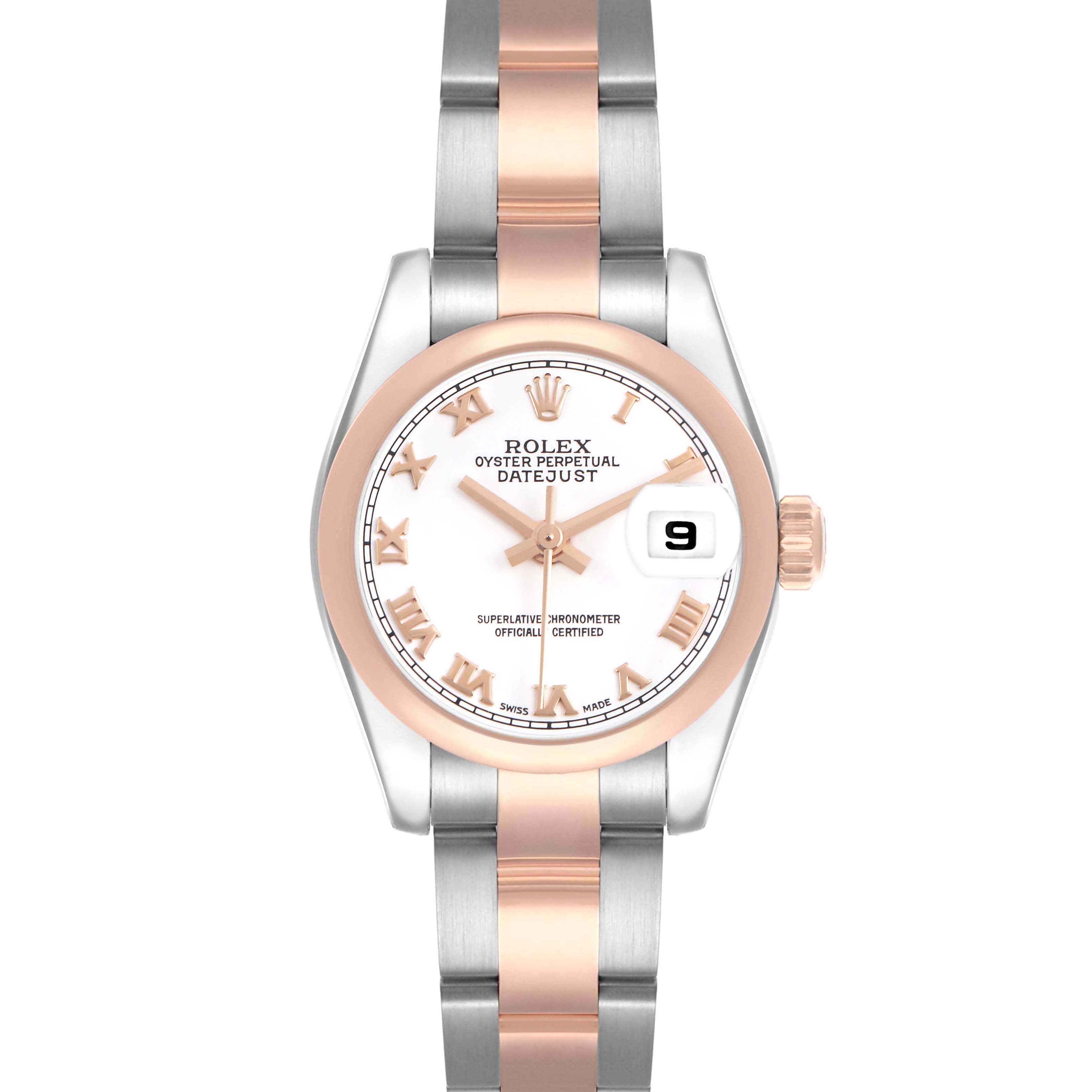 The Rolex Datejust 179161 Women's Stainless Steel White Dial watch is shown from the front, highlighting the dial, bezel, and bracelet.