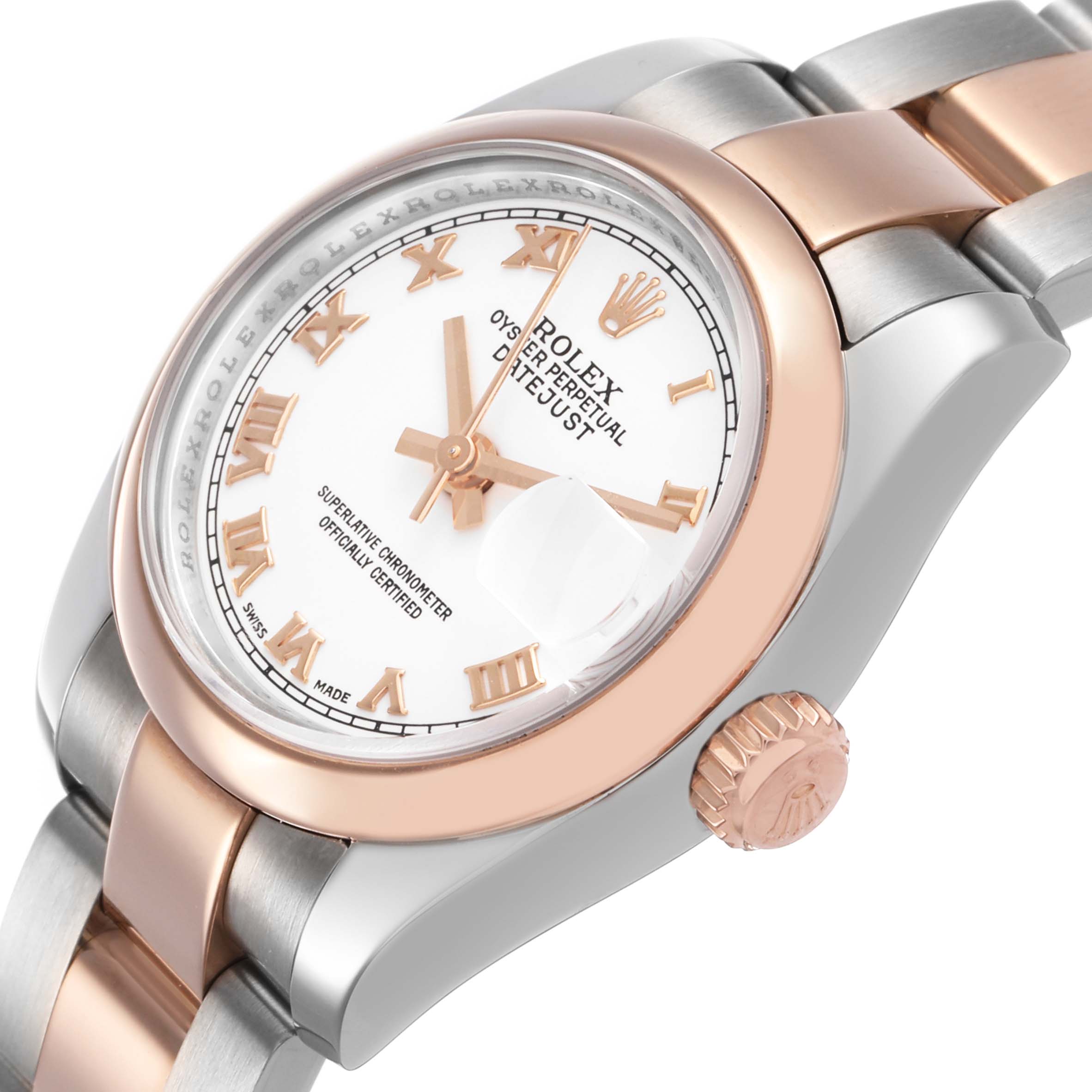 The Rolex Datejust 179161 Women's Stainless Steel White Dial watch is shown at an angled side view, highlighting the bezel, crown, and bracelet.