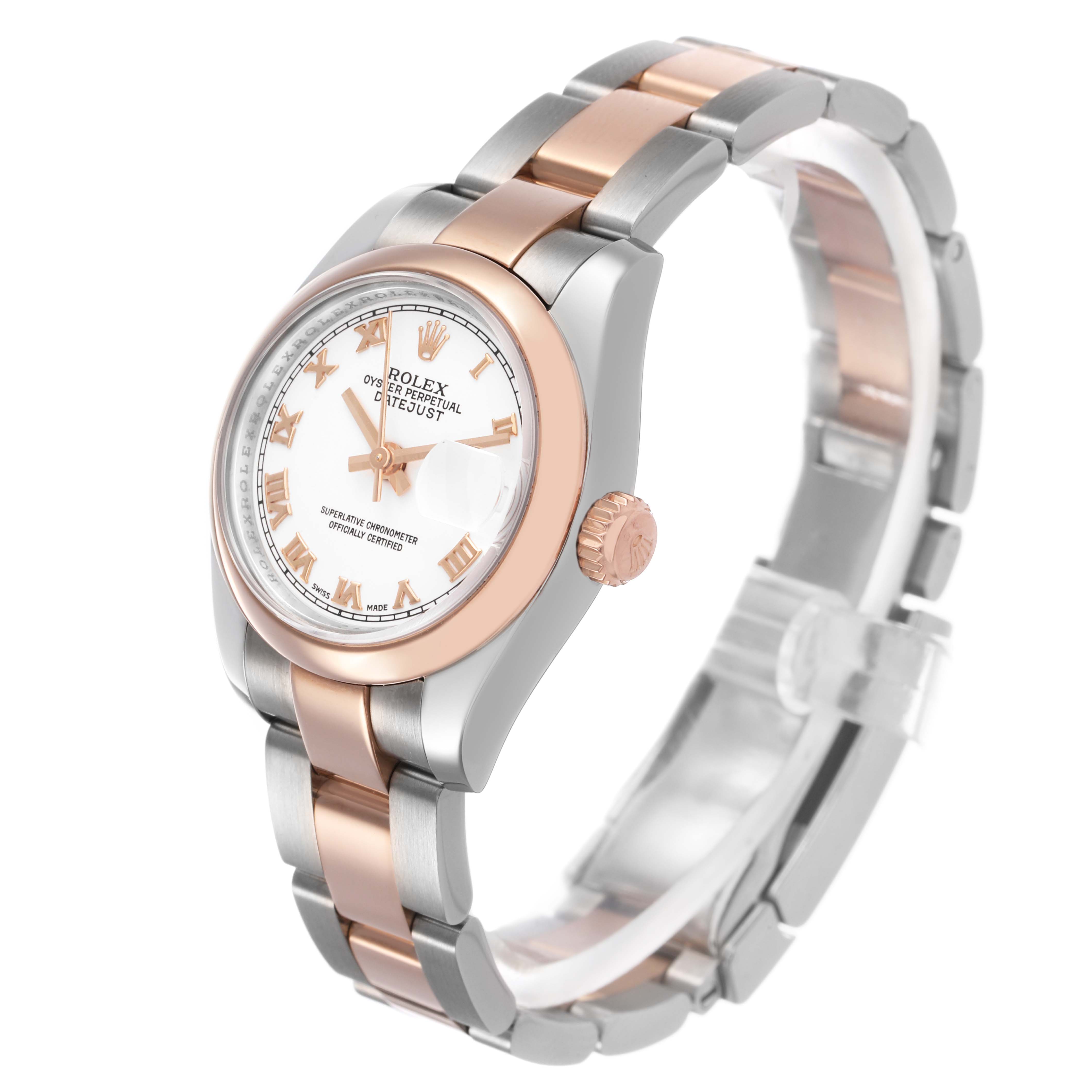 The Rolex Datejust 179161 Women's Stainless Steel White Dial watch is shown at a three-quarter angle, highlighting the face, crown, and two-tone bracelet.