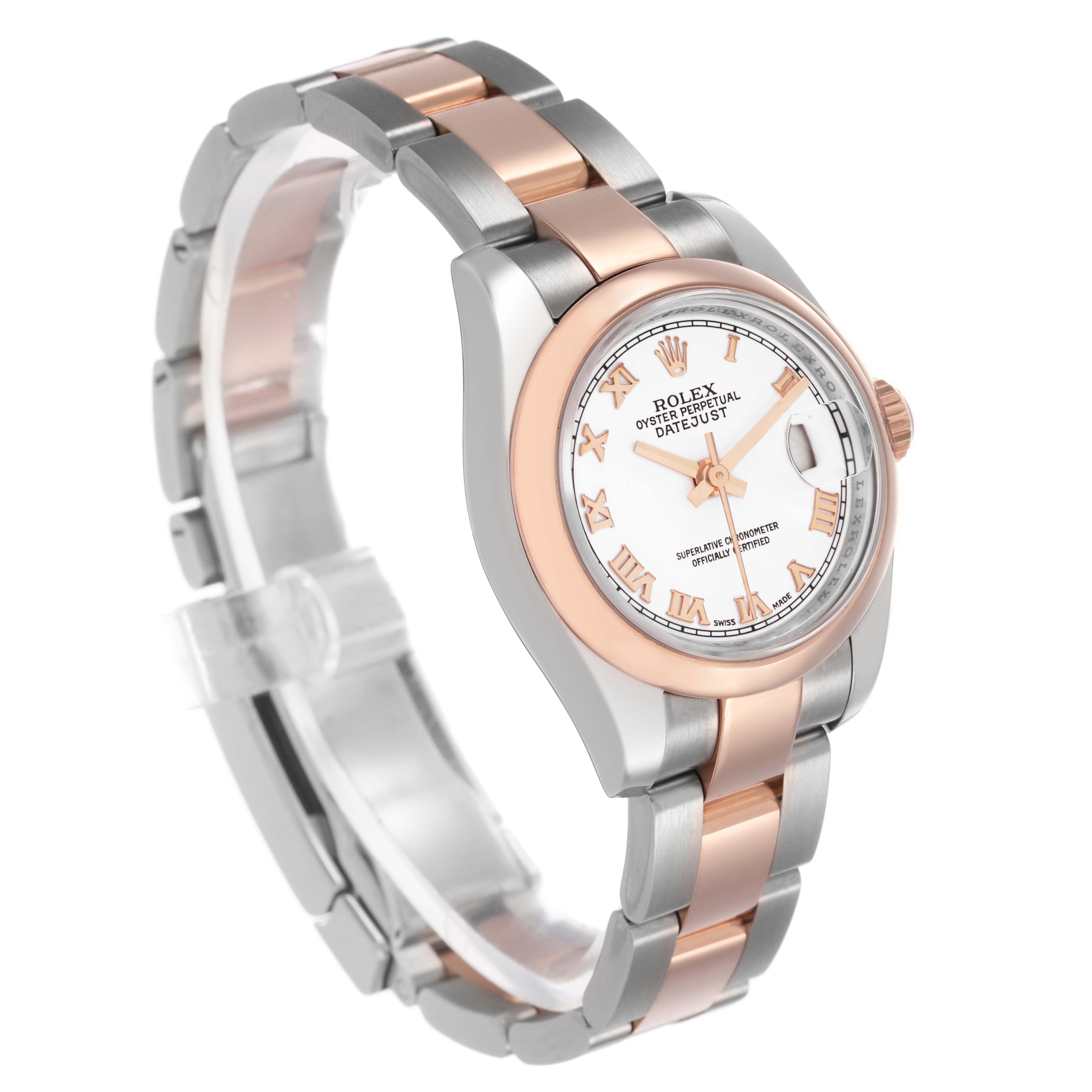 The Rolex Datejust 179161 Women's Stainless Steel White Dial watch is shown at a three-quarter angle, highlighting the dial, bezel, and part of the bracelet.