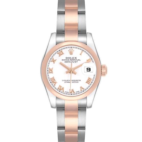 The Rolex Datejust 179161 Women's Stainless Steel White Dial watch is shown from the front, highlighting its face, bezel, and two-tone bracelet.