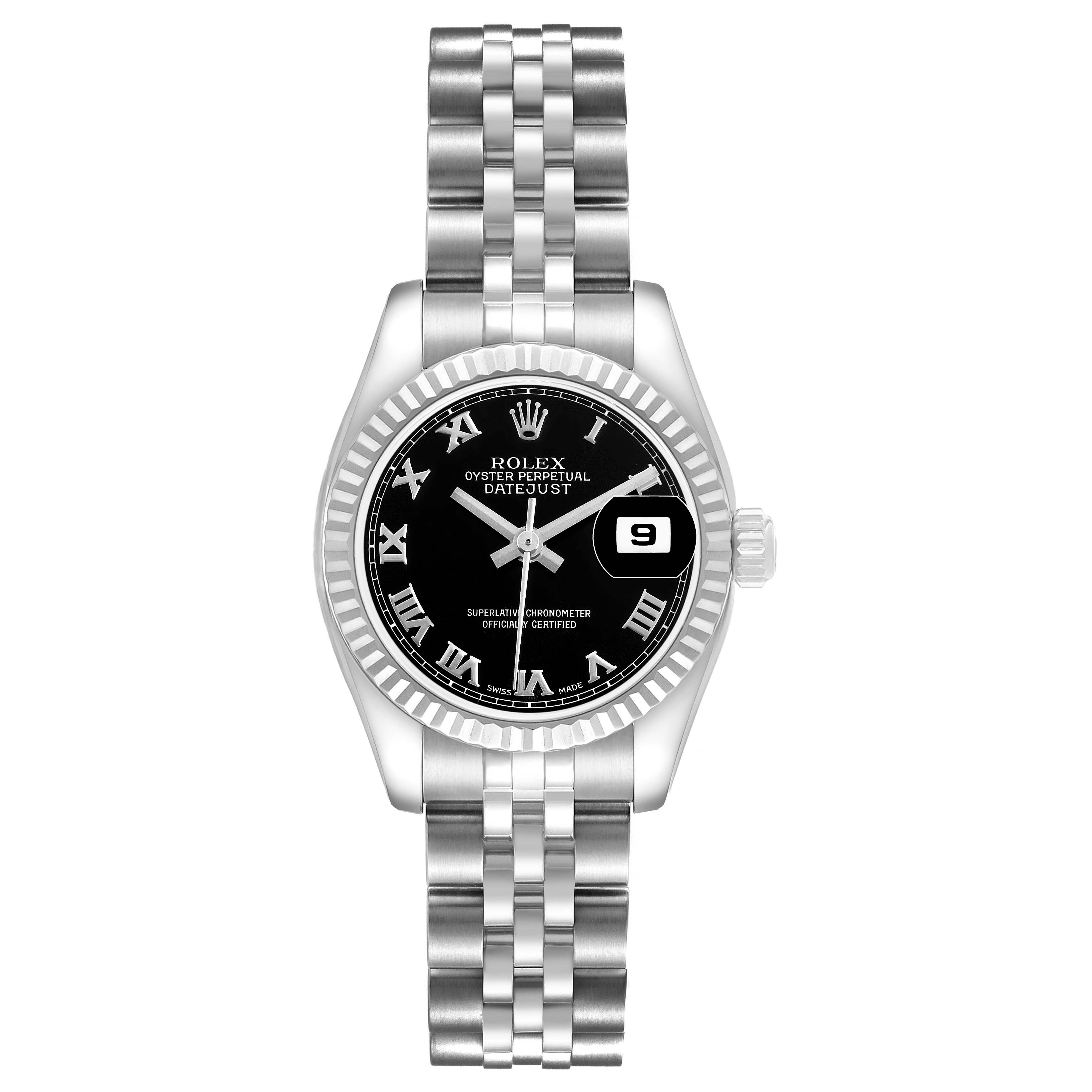 The Rolex Datejust 179174 Women's Stainless Steel Black Dial watch is shown from the top, highlighting the dial, bezel, case, and bracelet.
