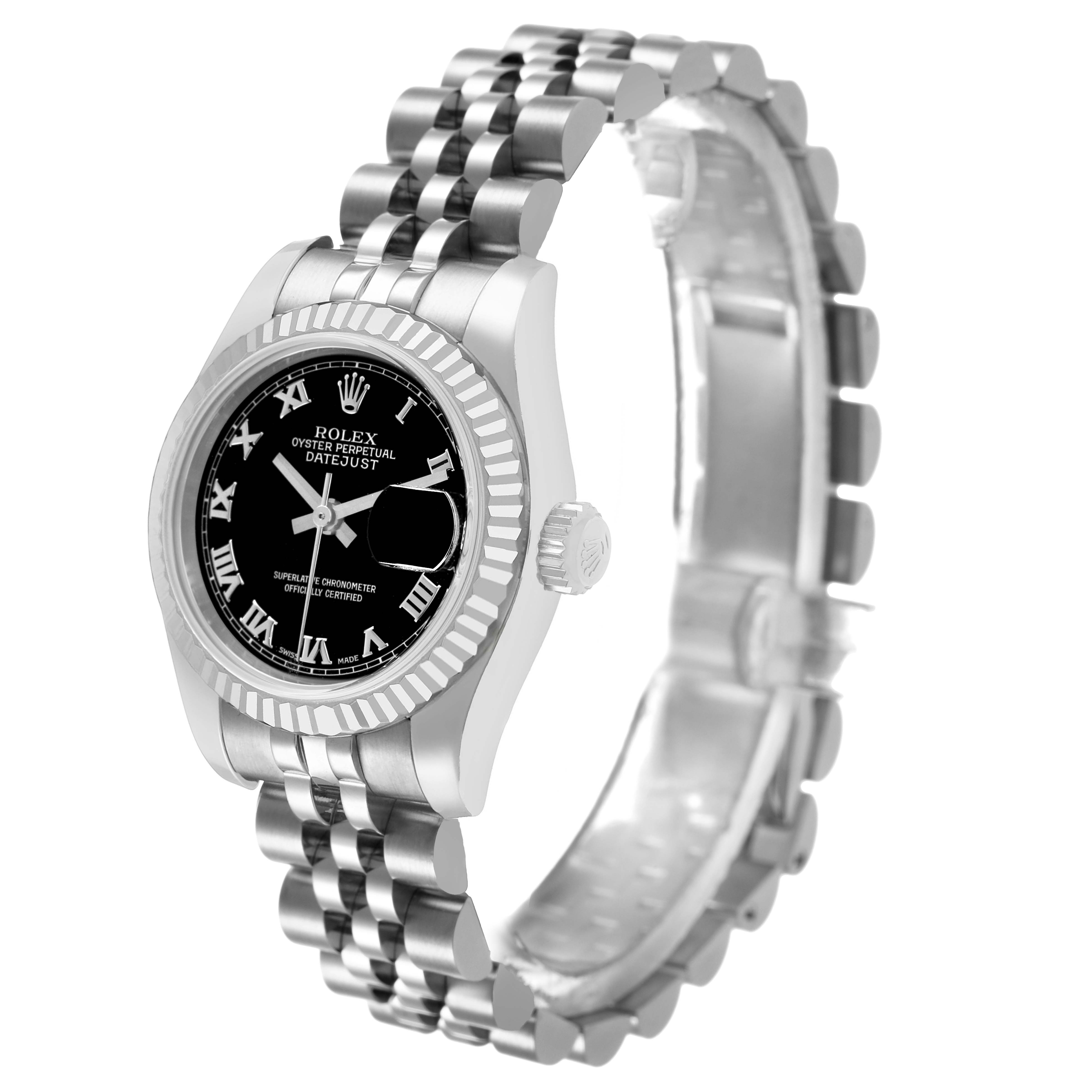 The Rolex Datejust 179174 Women's Stainless Steel Black Dial watch is shown from a three-quarter view, highlighting the face, bezel, bracelet, and crown.