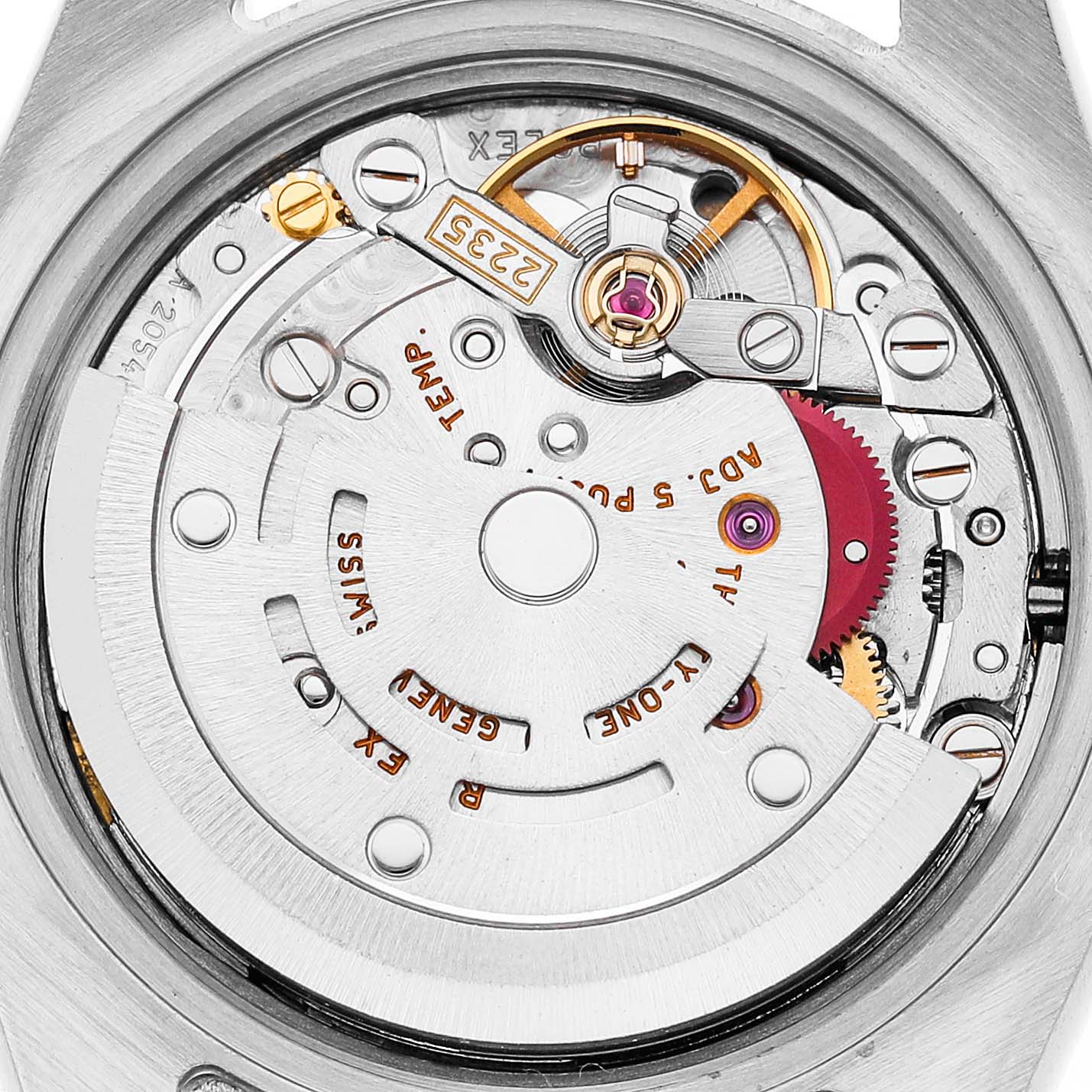 The image shows the movement of a Rolex Datejust 179174 Women's Stainless Steel Black Dial watch viewed from the back, highlighting the rotor and balance wheel.