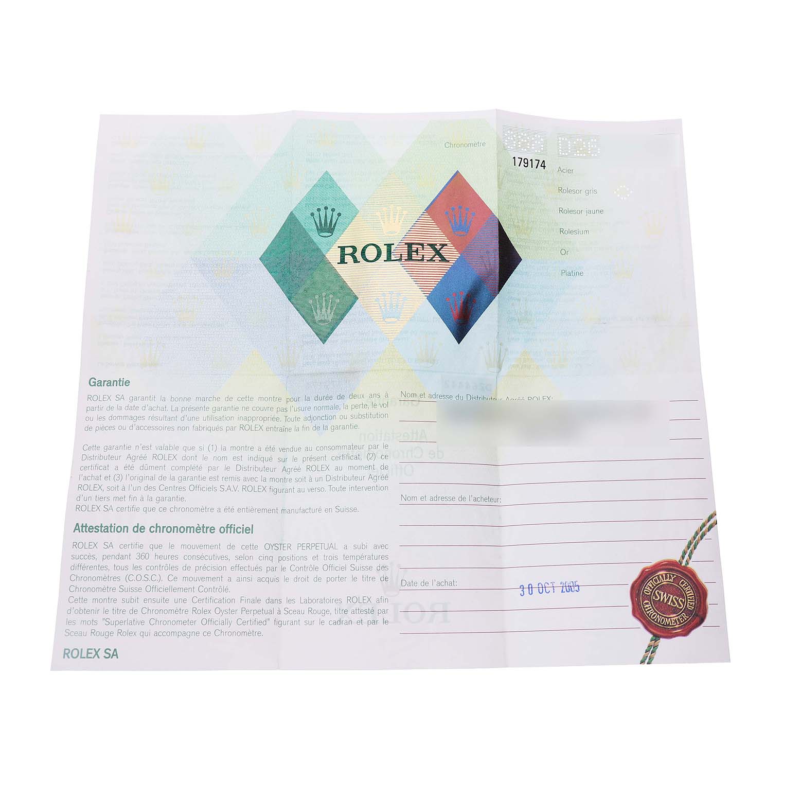 This image shows a warranty certificate for a Rolex Datejust 179174 Women's Stainless Steel Black Dial watch, featuring branding and text details.