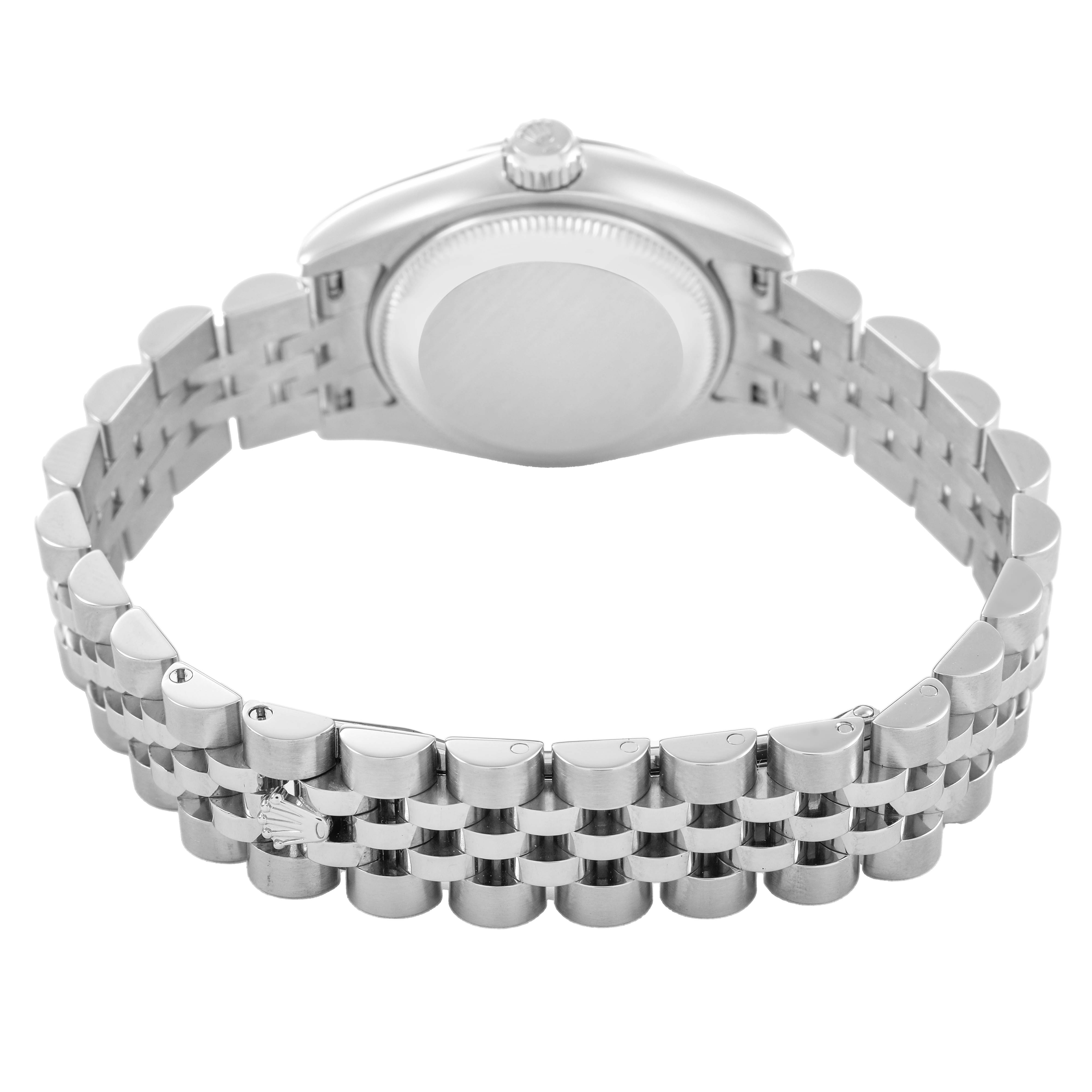The image shows a Rolex Datejust 179174 Women's Stainless Steel Black Dial watch from the back, highlighting the bracelet and case back.