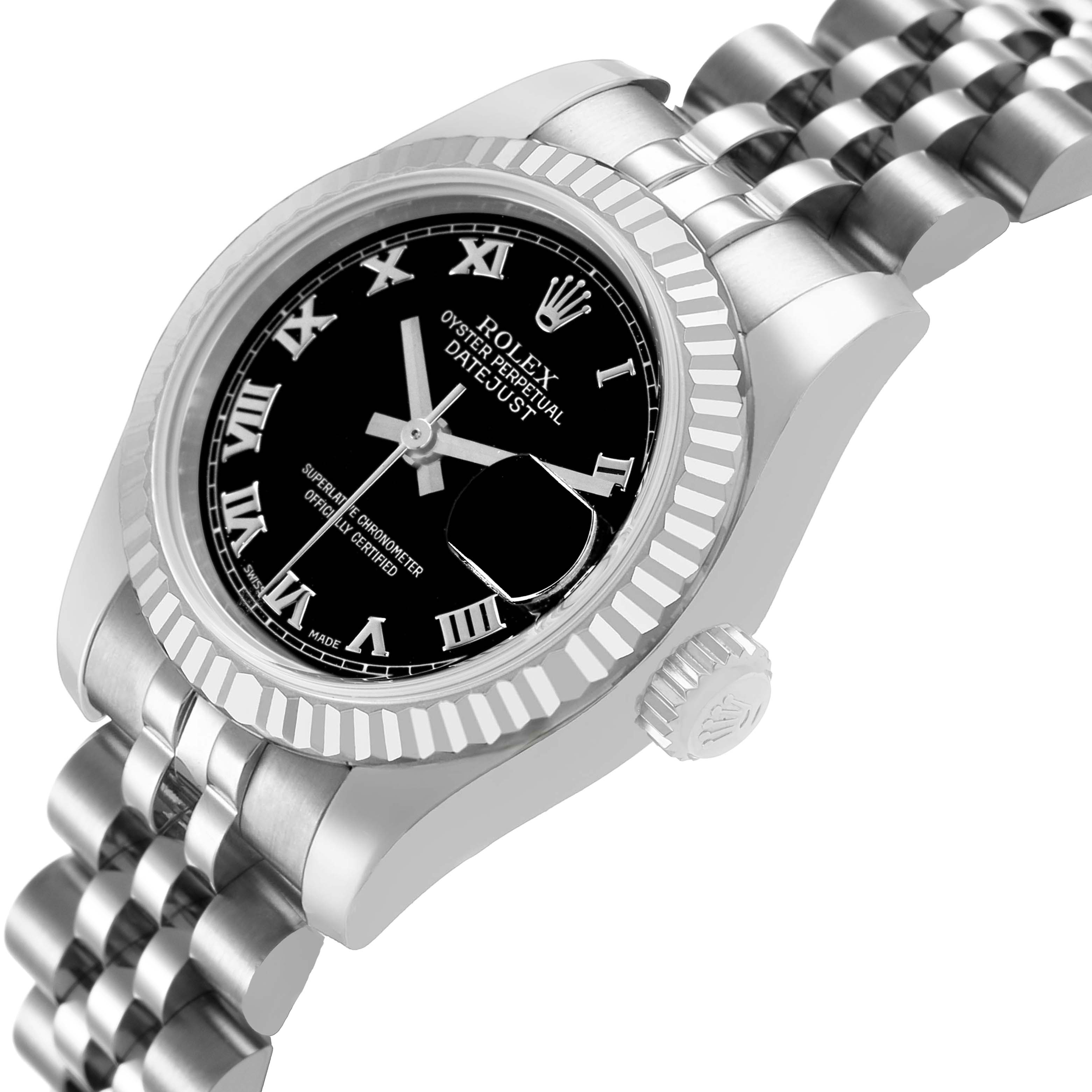 The Rolex Datejust 179174 Women's Stainless Steel Black Dial watch is shown at a slight angle, highlighting the bezel, dial, crown, and bracelet.