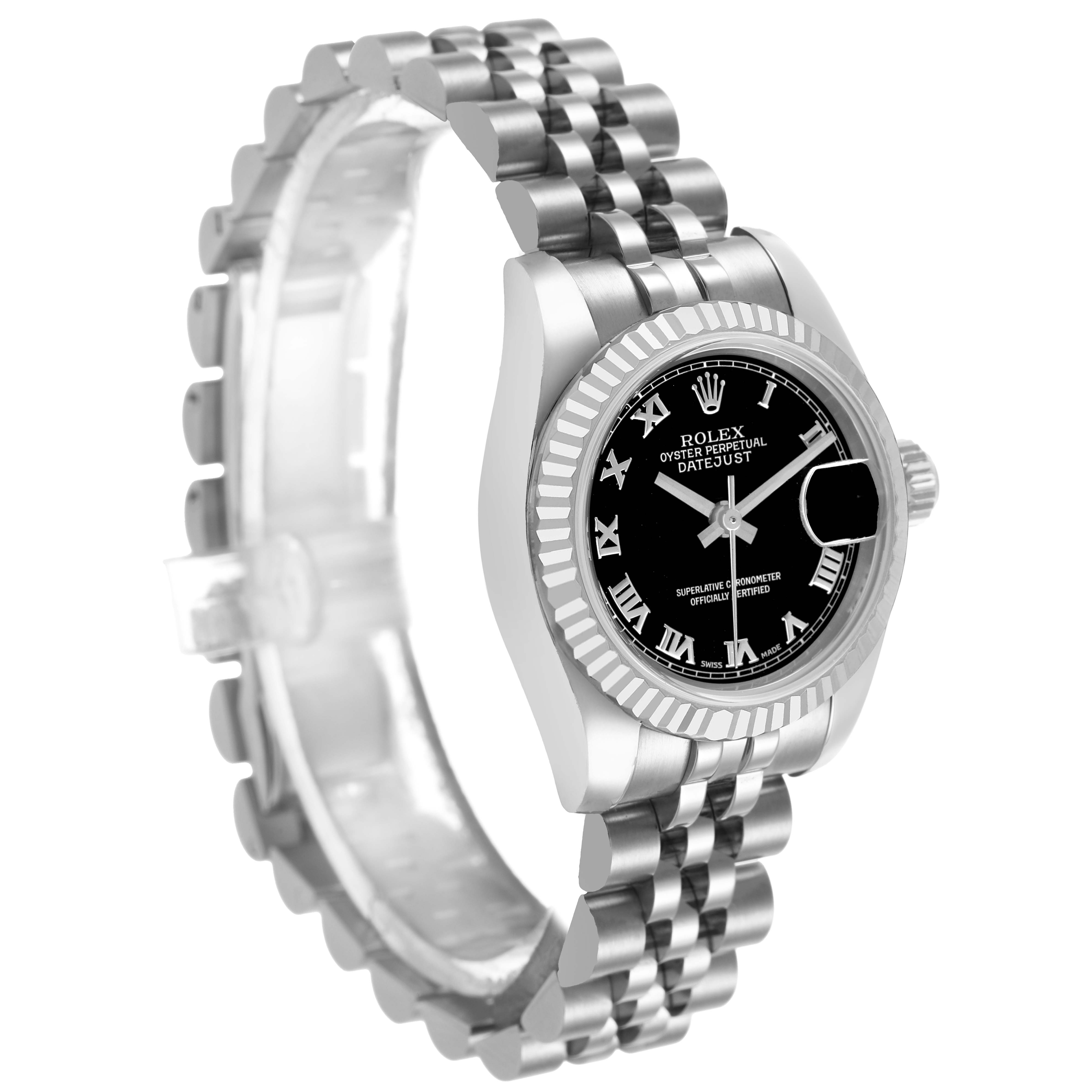 The Rolex Datejust 179174 Women's Stainless Steel Black Dial watch is shown at an angled side view, highlighting the dial, case, and Jubilee bracelet.