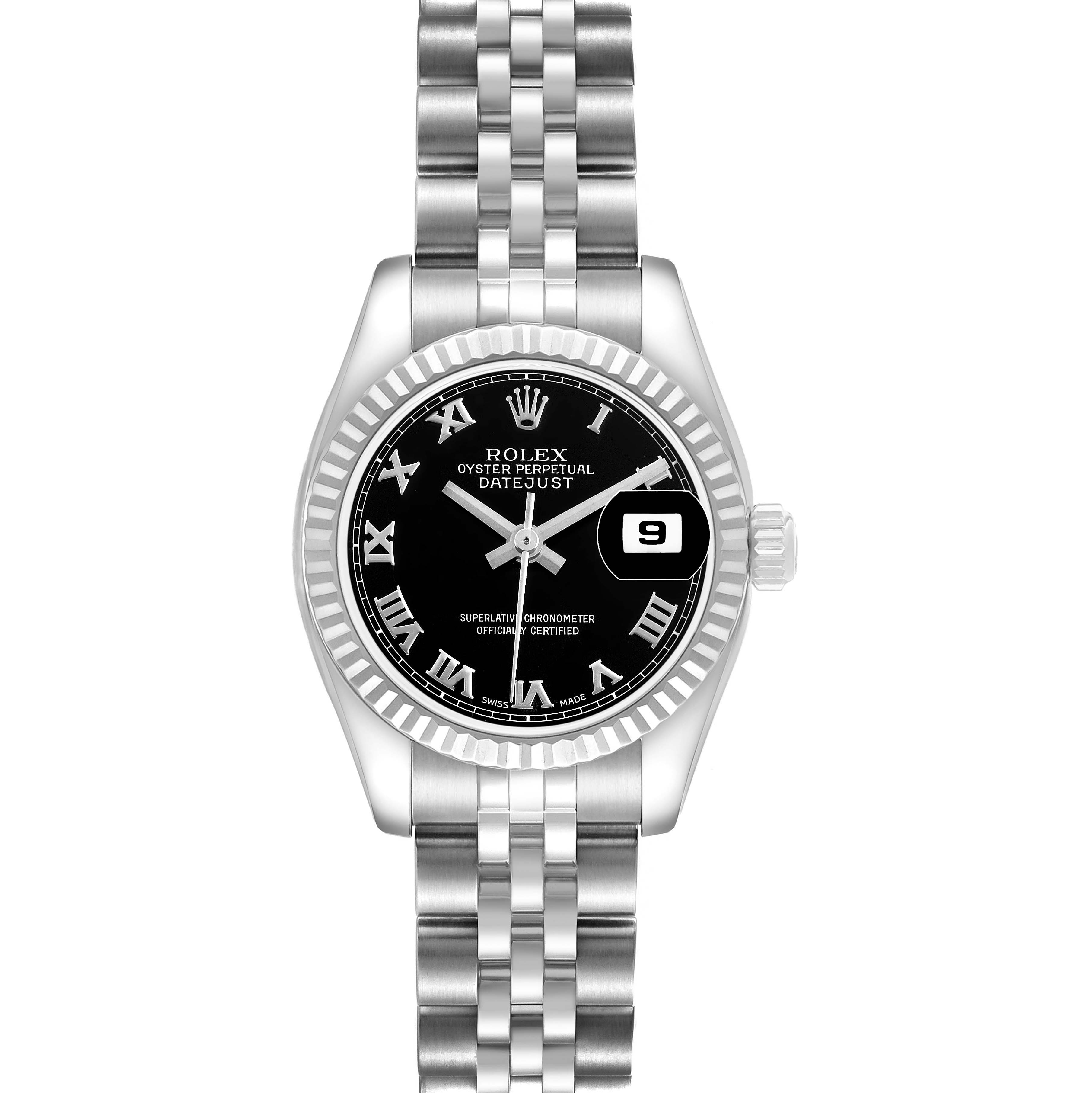 The Rolex Datejust 179174 Women's Stainless Steel Black Dial watch is shown from a top view, highlighting the dial, fluted bezel, and Jubilee bracelet.