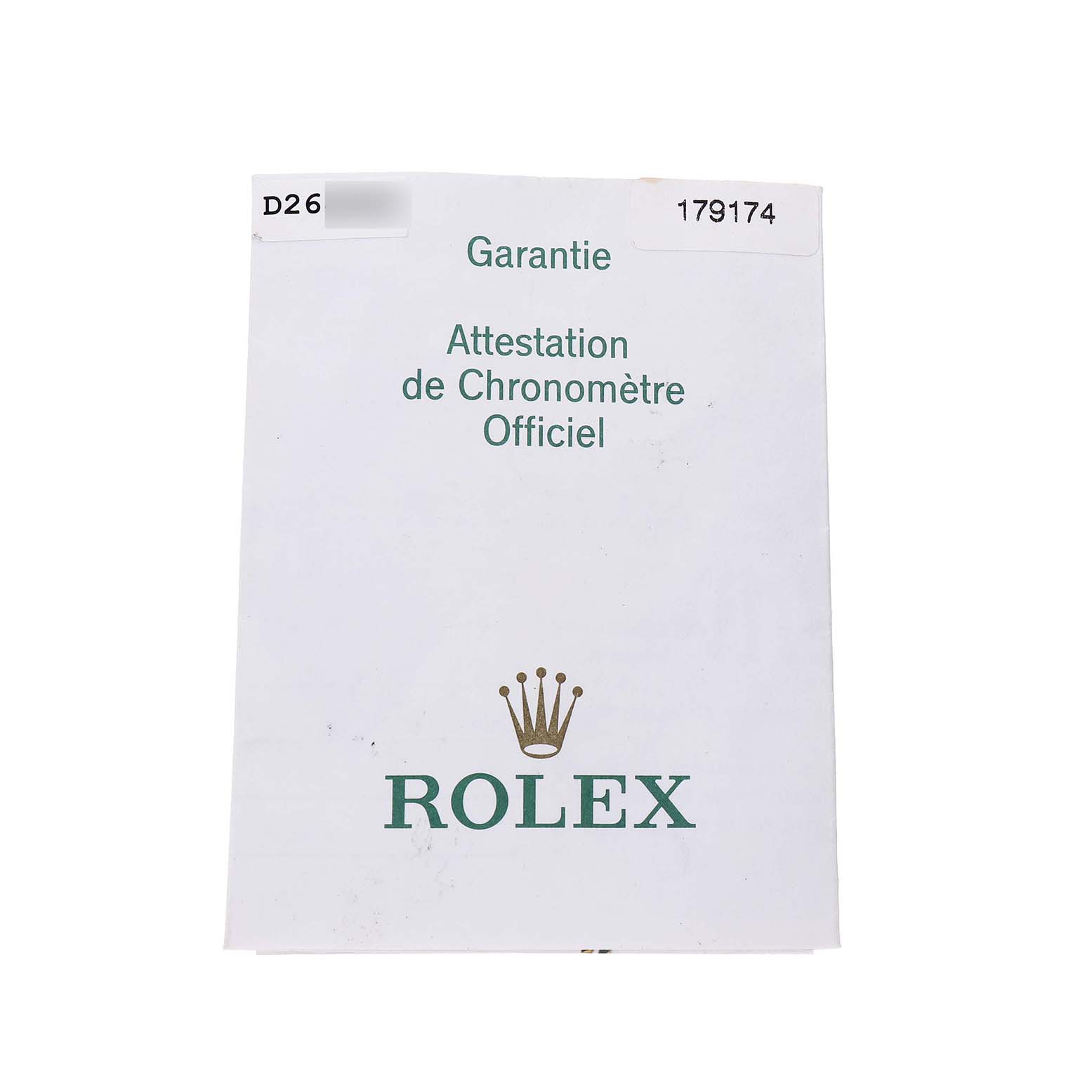 The image shows a warranty card for the Rolex Datejust 179174 Women's Stainless Steel Black Dial model, featuring the Rolex logo and official chronometer certification.