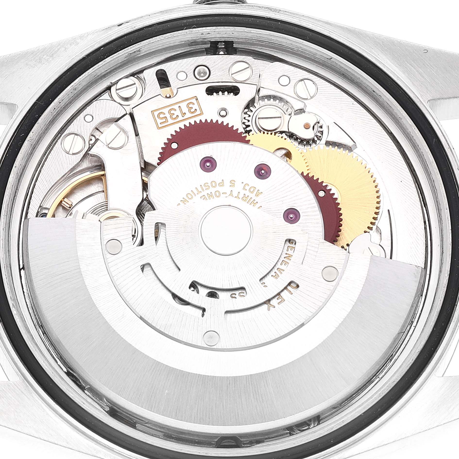 The image shows the internal mechanism of a Rolex Datejust 16234 Men's Stainless Steel Silver Dial 16234 Men's Stainless Steel Silver Dial watch viewed from the case back.