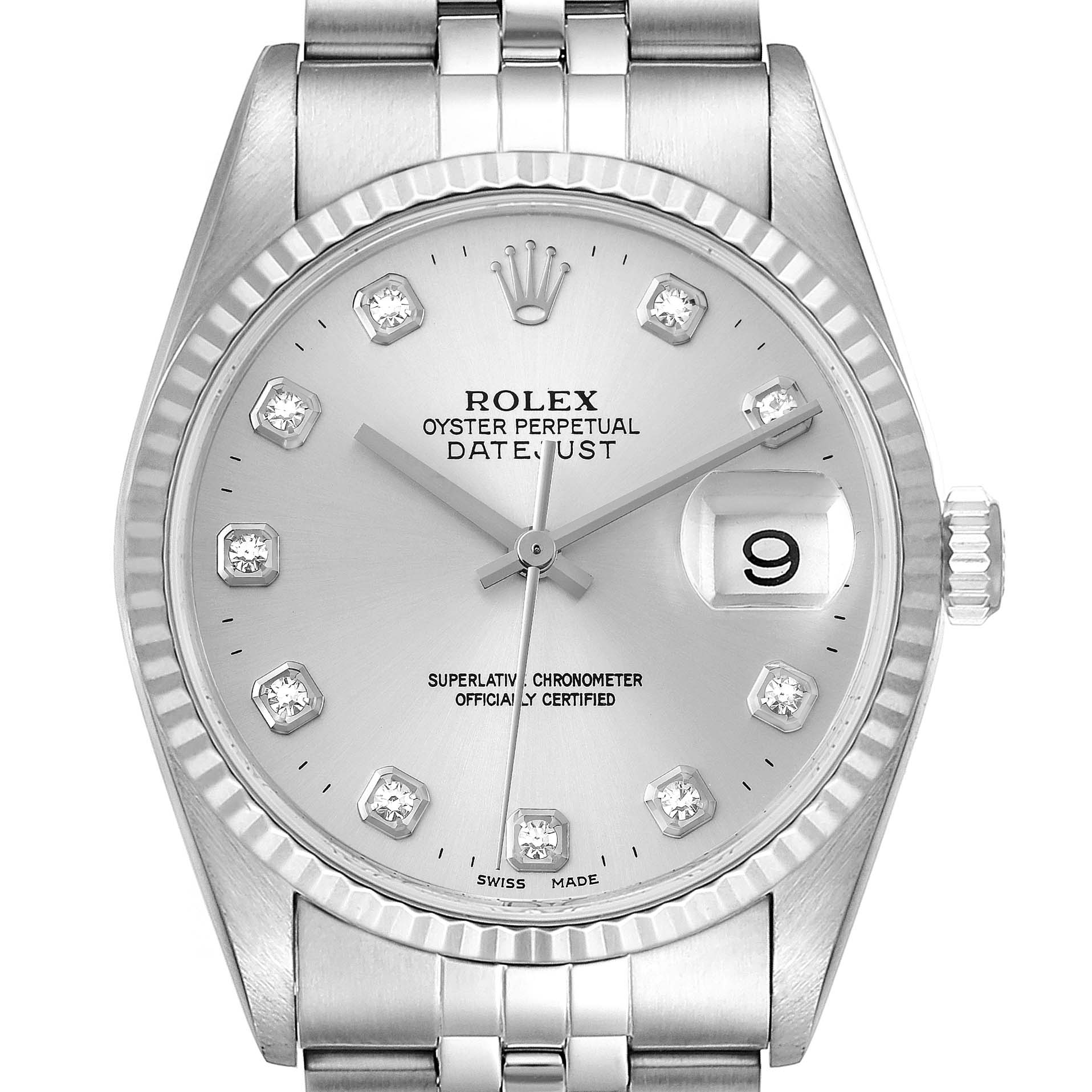 The image shows a front view of the Rolex Datejust 16234 Men's Stainless Steel Silver Dial 16234 Men's Stainless Steel Silver Dial watch, highlighting the dial, hands, date window, and bracelet.