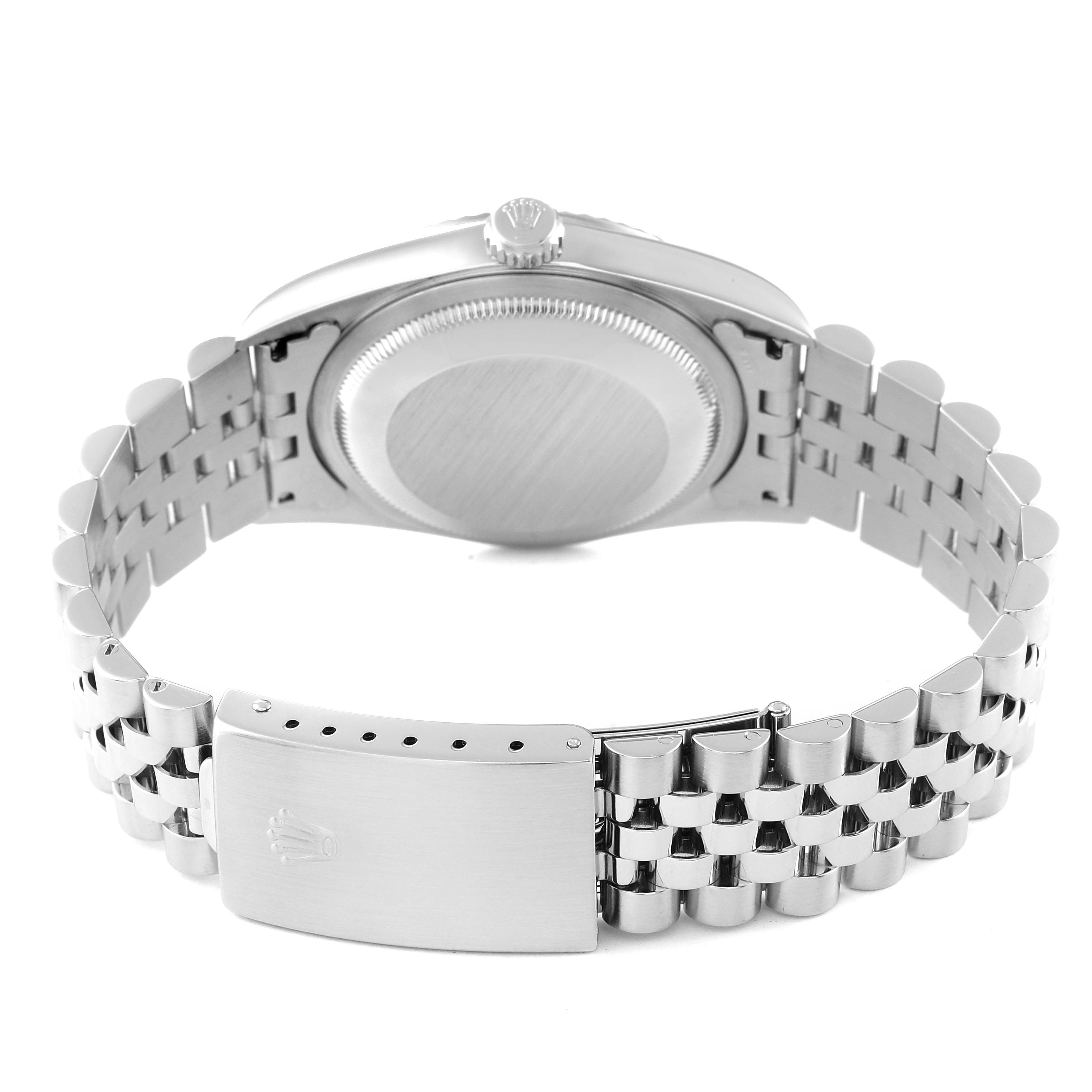 This image shows the back view of a Rolex Datejust 16234 Men's Stainless Steel Silver Dial 16234 Men's Stainless Steel Silver Dial watch, highlighting the case back, crown, and Jubilee bracelet with a closed clasp.