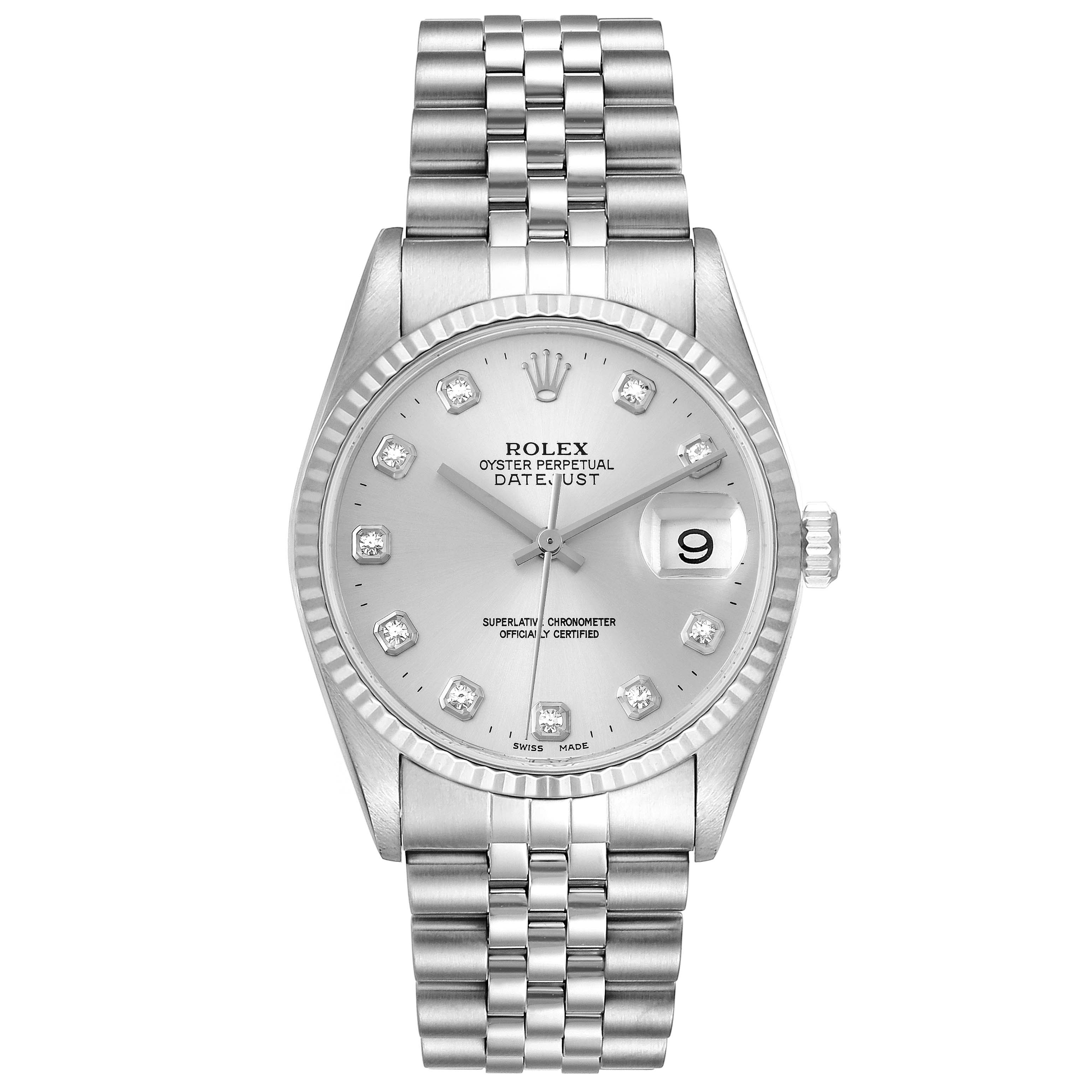 This is a Rolex Datejust 16234 Men's Stainless Steel Silver Dial 16234 Men's Stainless Steel Silver Dial watch shown from a top-down angle displaying the face, bezel, crown, and bracelet.