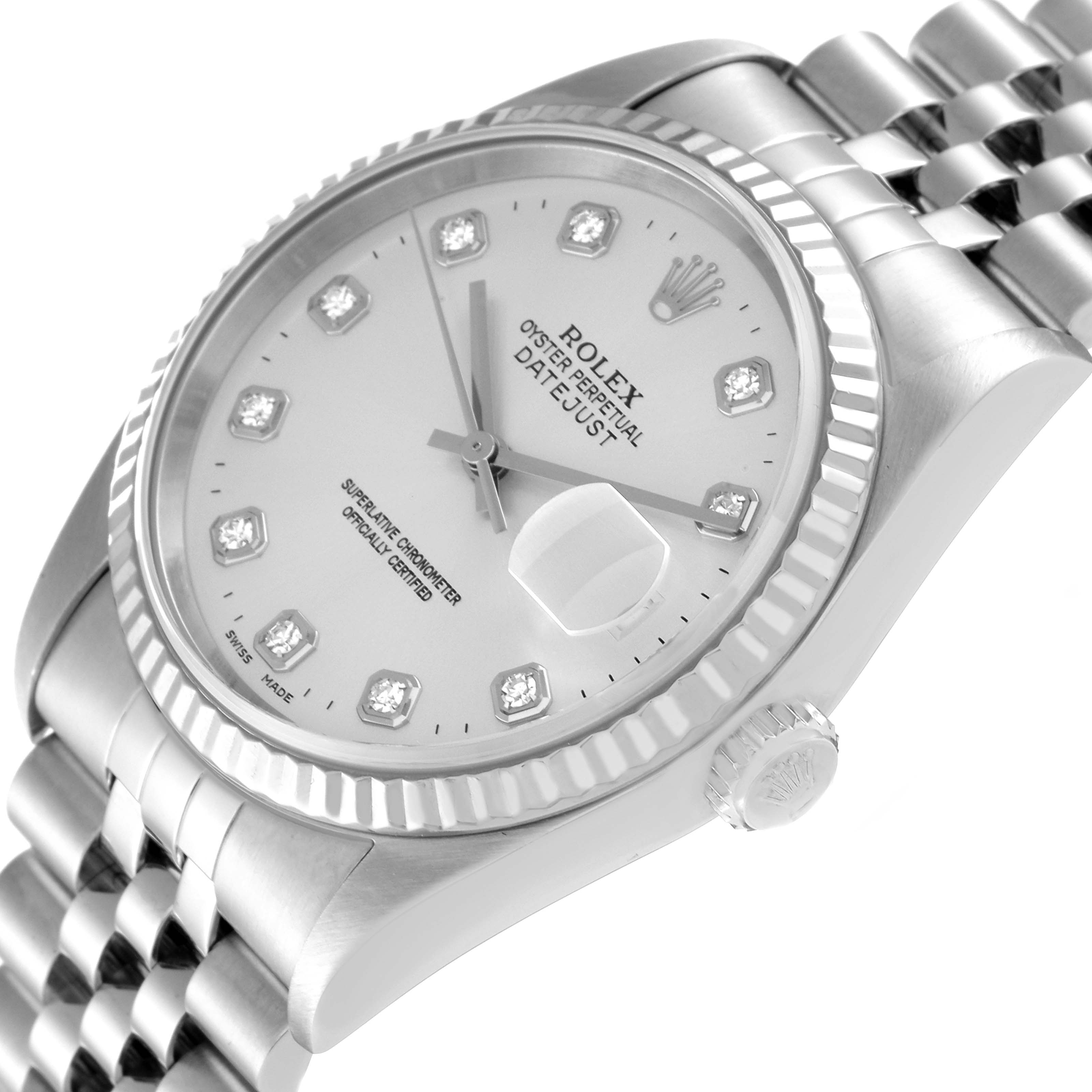 The image shows a close-up angle of the Rolex Datejust 16234 Men's Stainless Steel Silver Dial 16234 Men's Stainless Steel Silver Dial watch's dial, indices, crown, and part of the bracelet.