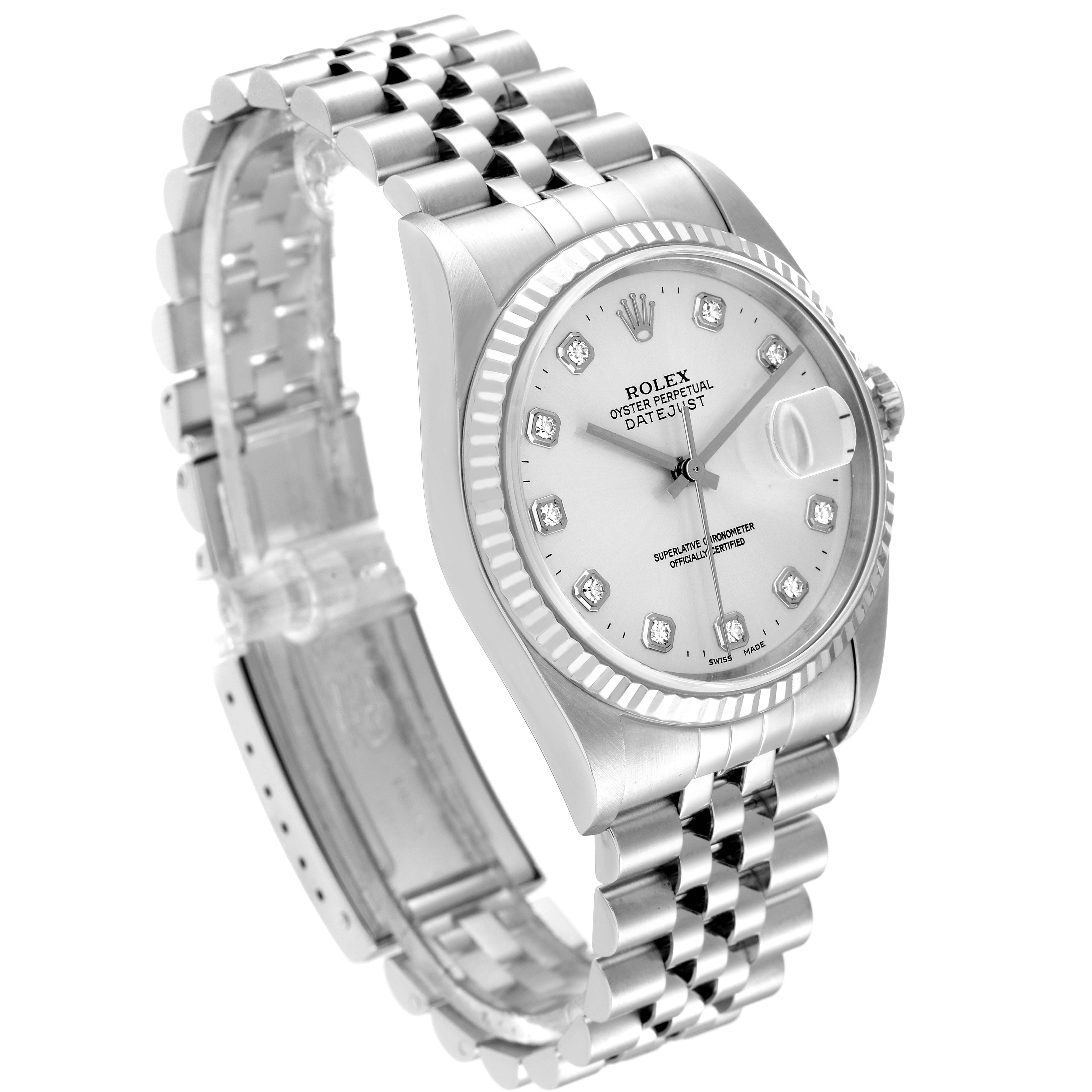 The Rolex Datejust 16234 Men's Stainless Steel Silver Dial 16234 Men's Stainless Steel Silver Dial model is shown at a three-quarter angle, displaying the face, bezel, crown, and partial bracelet.