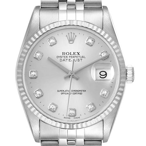 The image shows the face of a Rolex Datejust model watch, including the dial, hands, date window, and part of the bracelet.