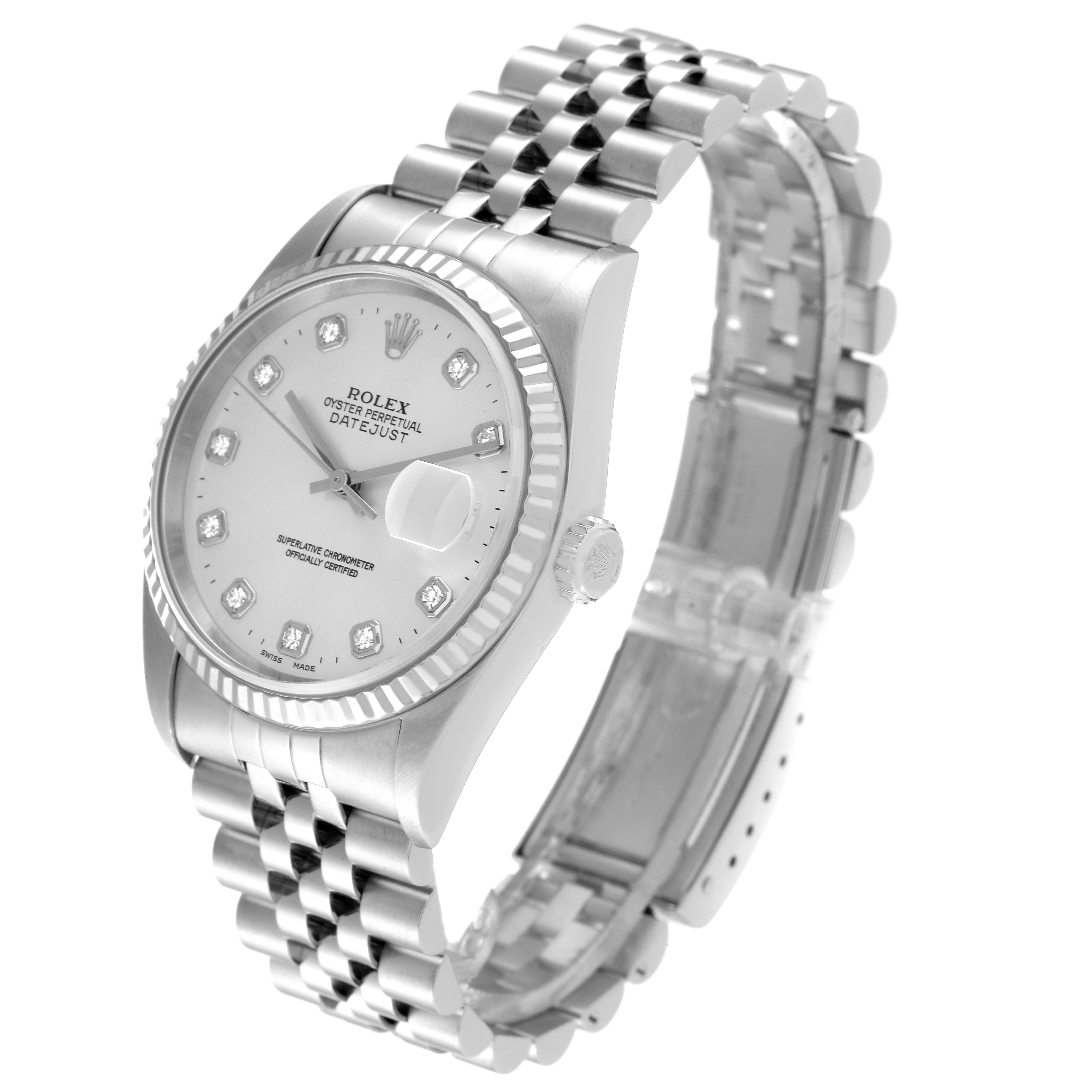 The image shows a Rolex Datejust 16234 Men's Stainless Steel Silver Dial 16234 Men's Stainless Steel Silver Dial watch at an angle, displaying the face, bezel, and part of the bracelet.