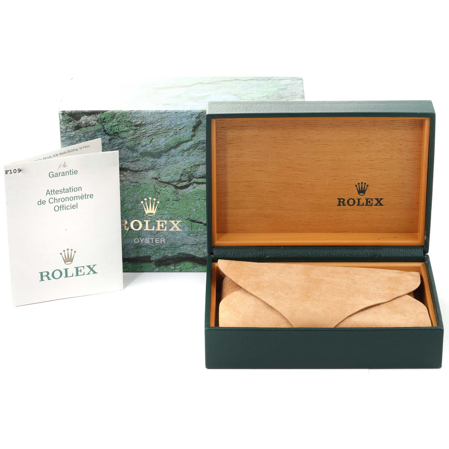 This image shows the packaging accessories for the Rolex Datejust 16234 Men's Stainless Steel Silver Dial 16234 Men's Stainless Steel Silver Dial, including an open watch box and a warranty card.