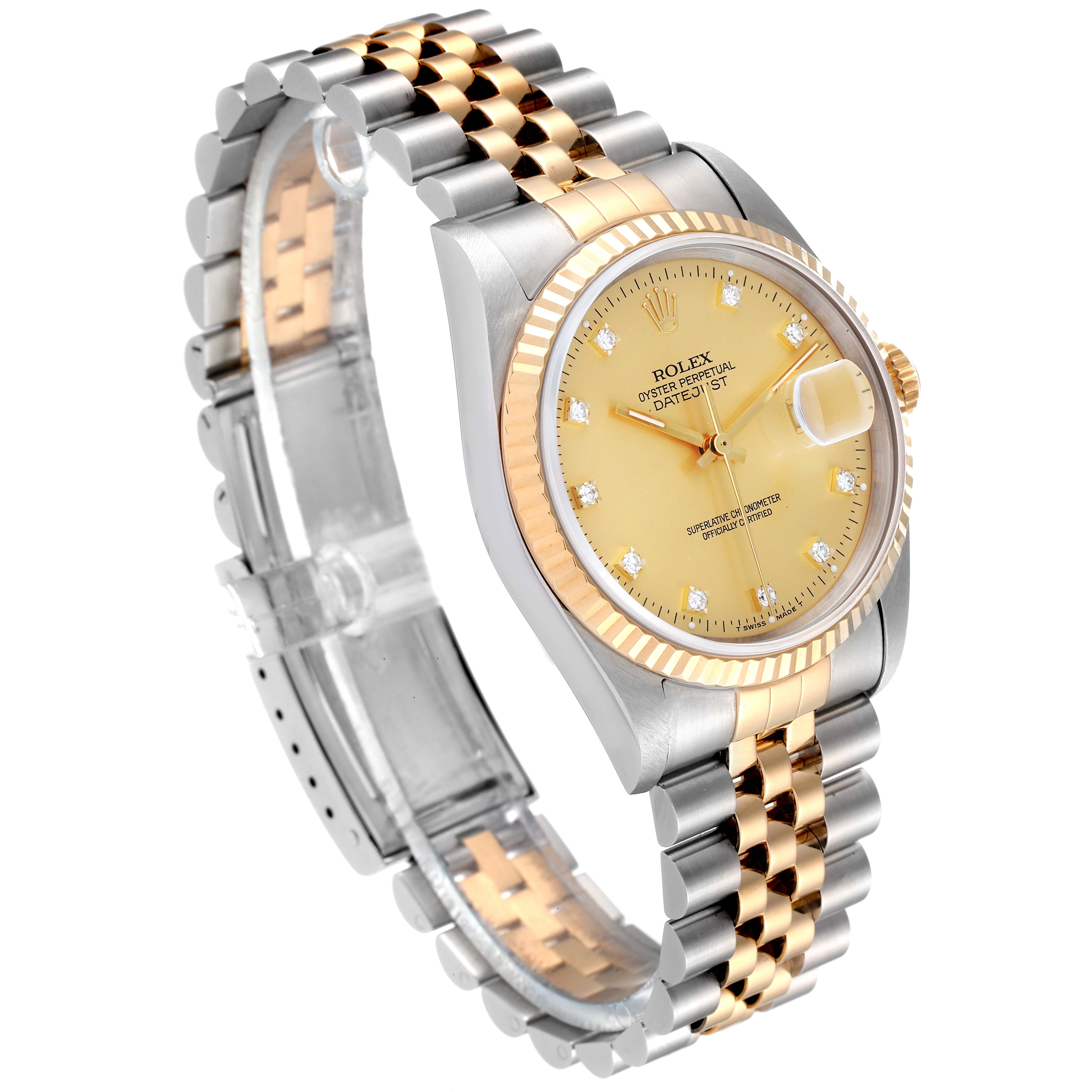 The image shows a Rolex Datejust 16233 Men's Steel and Gold (two tone) Champagne Dial 16233 Men's Steel and Gold (two tone) Champagne Dial watch at a three-quarter angle, highlighting its gold and silver jubilee bracelet, fluted bezel, and champagne dial.