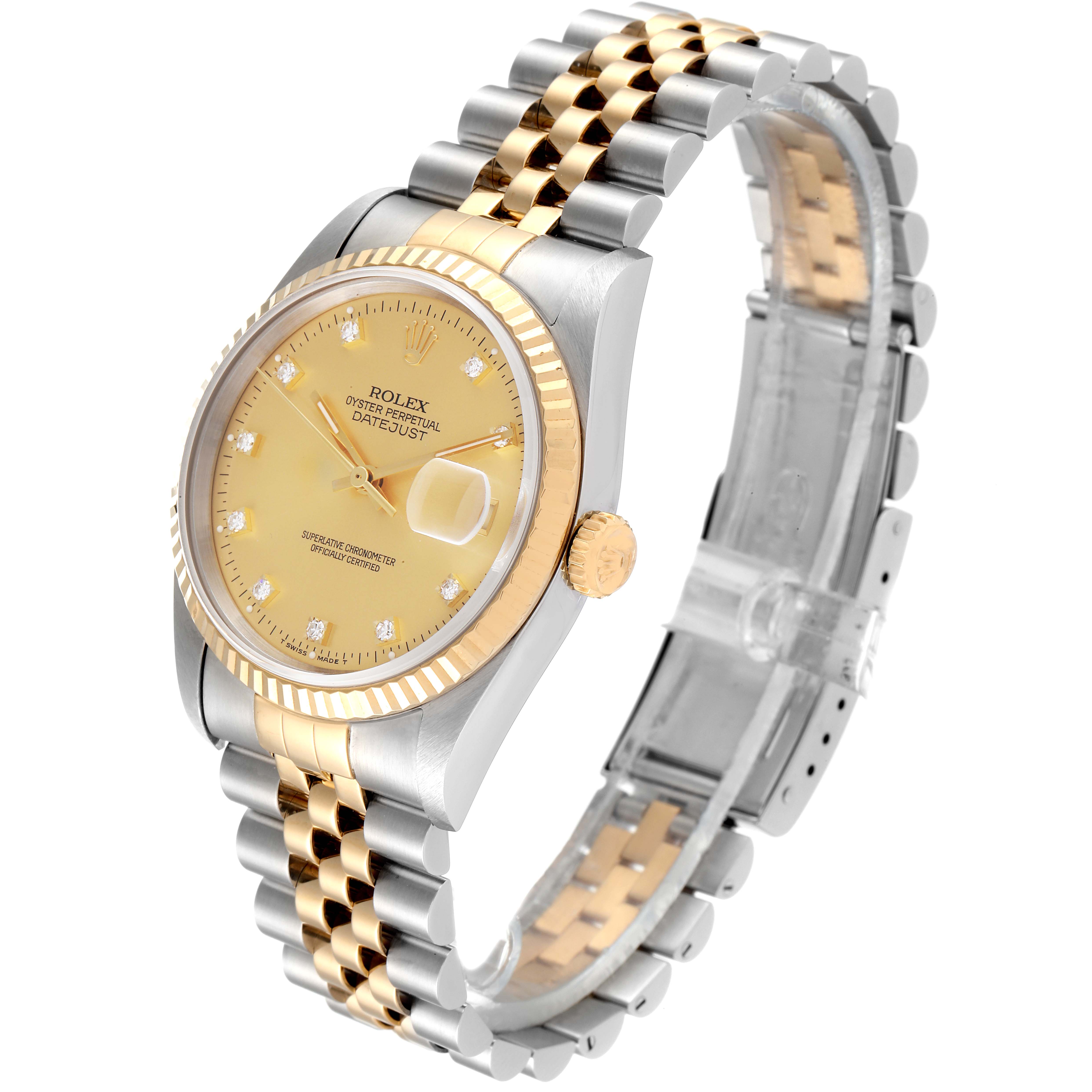 This Rolex Datejust 16233 Men's Steel and Gold (two tone) Champagne Dial 16233 Men's Steel and Gold (two tone) Champagne Dial watch is shown from a three-quarter angle, highlighting the dial, bezel, and bracelet.