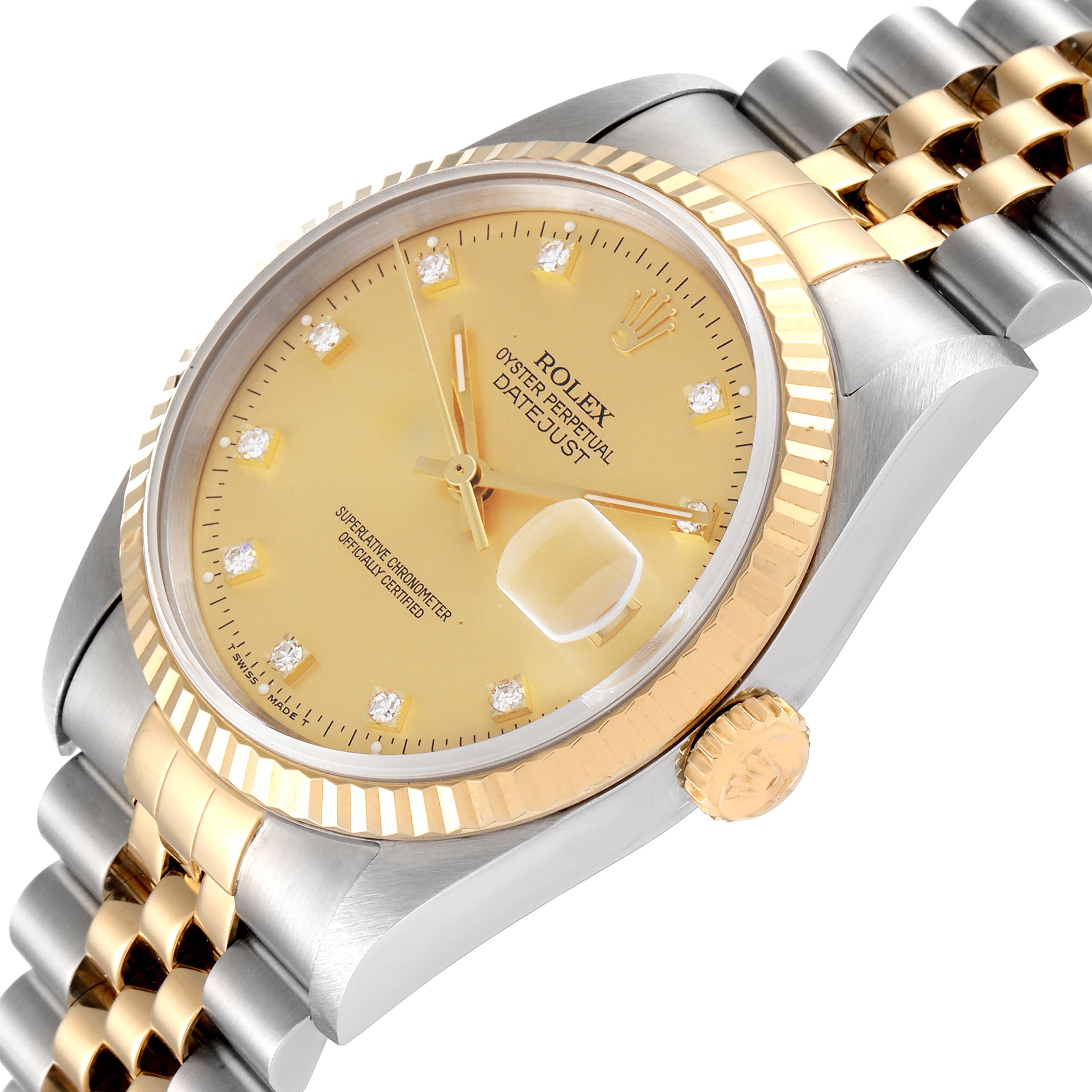 This image shows a close-up of the Rolex Datejust 16233 Men's Steel and Gold (two tone) Champagne Dial 16233 Men's Steel and Gold (two tone) Champagne Dial watch, highlighting the dial, bezel, and bracelet at an angled view.