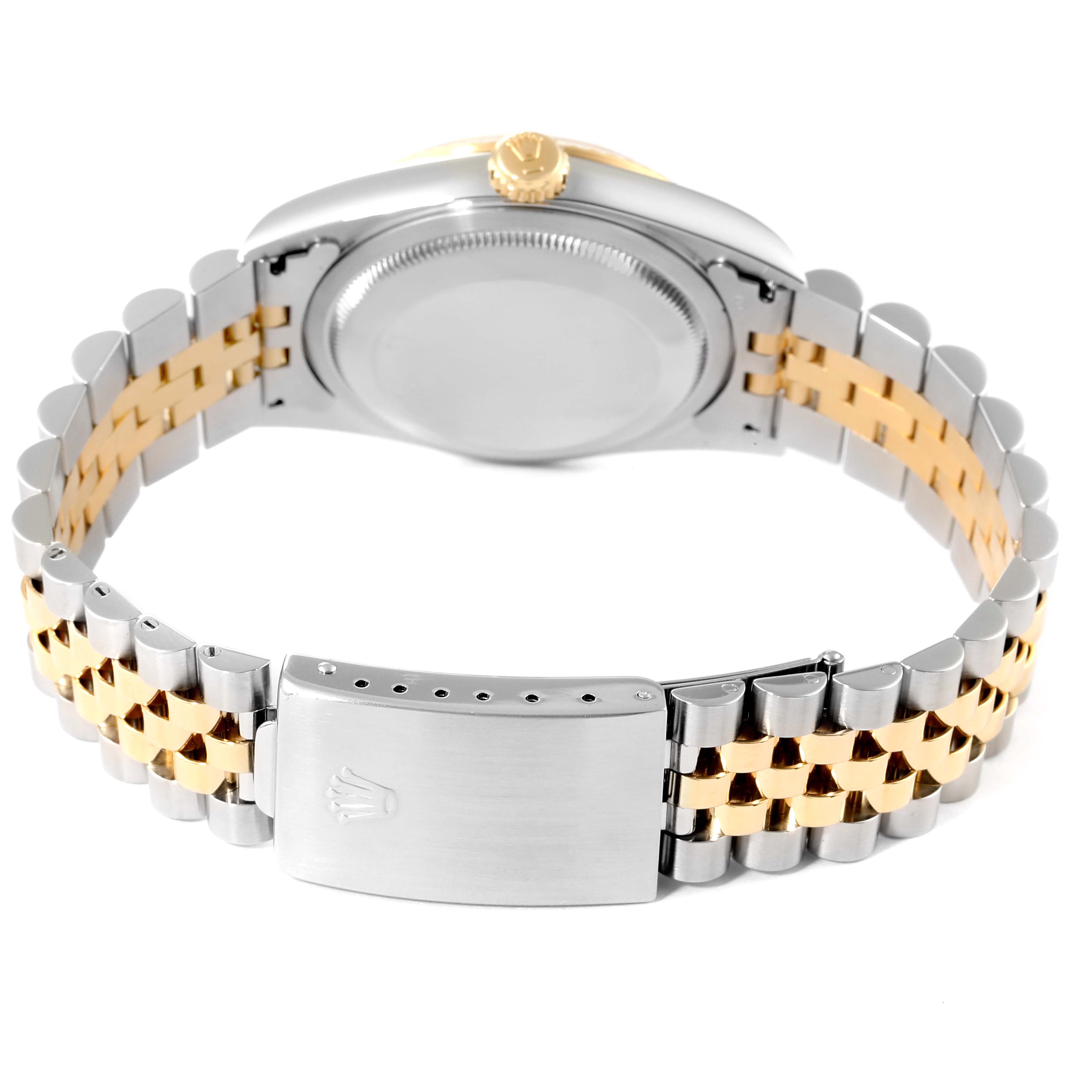 This image shows the back of a Rolex Datejust 16233 Men's Steel and Gold (two tone) Champagne Dial 16233 Men's Steel and Gold (two tone) Champagne Dial watch, highlighting its stainless steel and gold bracelet and the clasp.