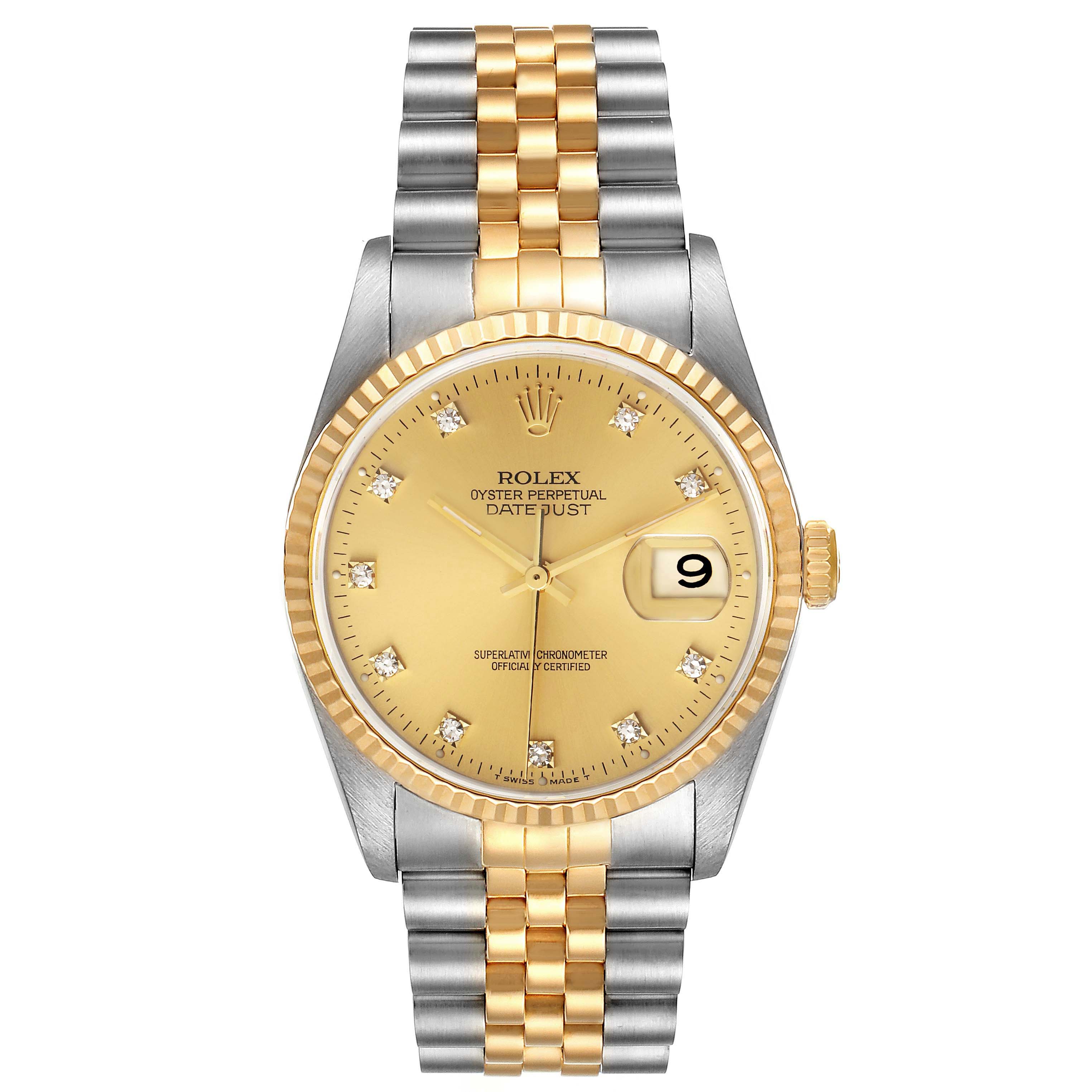 The image shows a frontal view of a Rolex Datejust 16233 Men's Steel and Gold (two tone) Champagne Dial 16233 Men's Steel and Gold (two tone) Champagne Dial watch, highlighting its two-tone bracelet, gold dial, and date window.