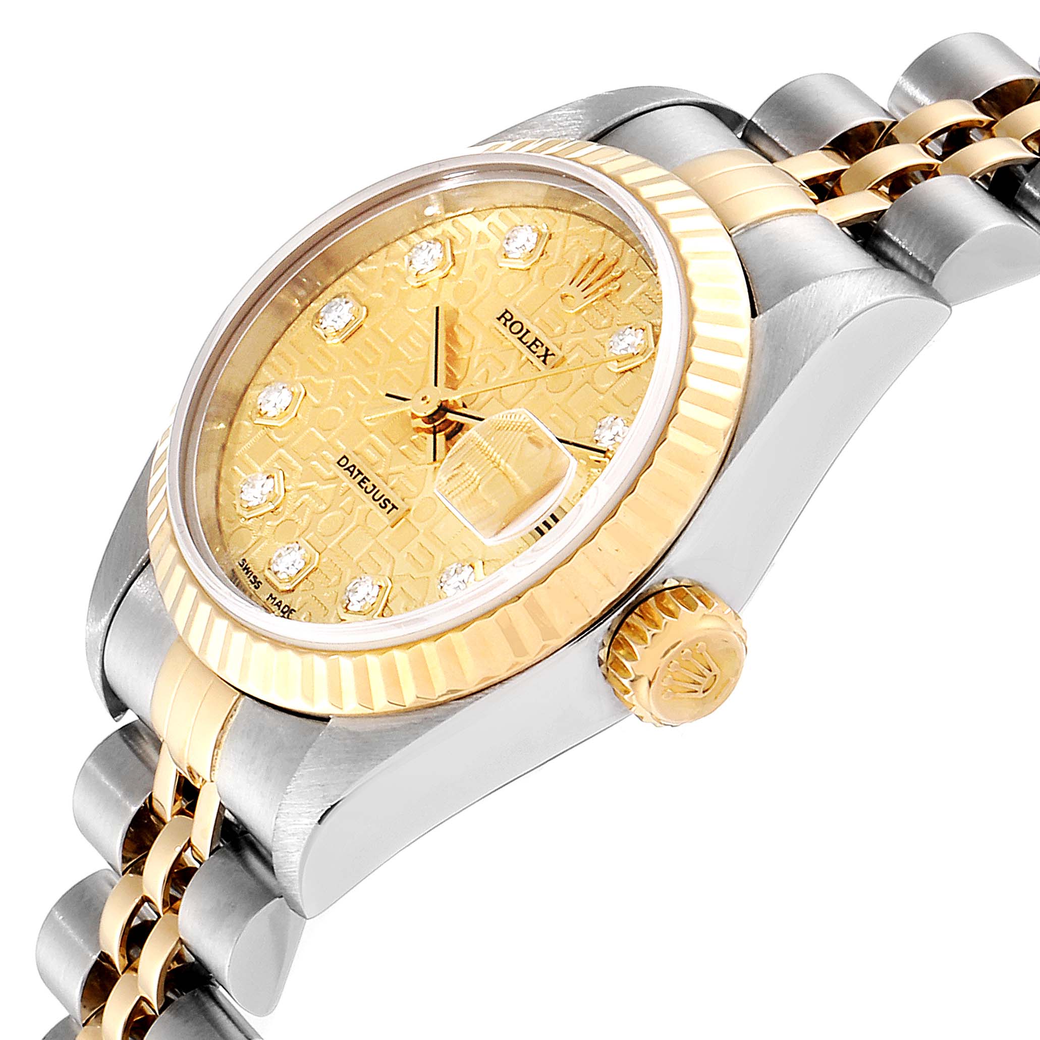 The image shows a side angle of the Rolex Datejust 79173 Women's Steel and Gold (two tone) Champagne Dial 79173 Women's Steel and Gold (two tone) Champagne Dial watch, highlighting its gold and silver finish, crown, and partially visible bracelet.
