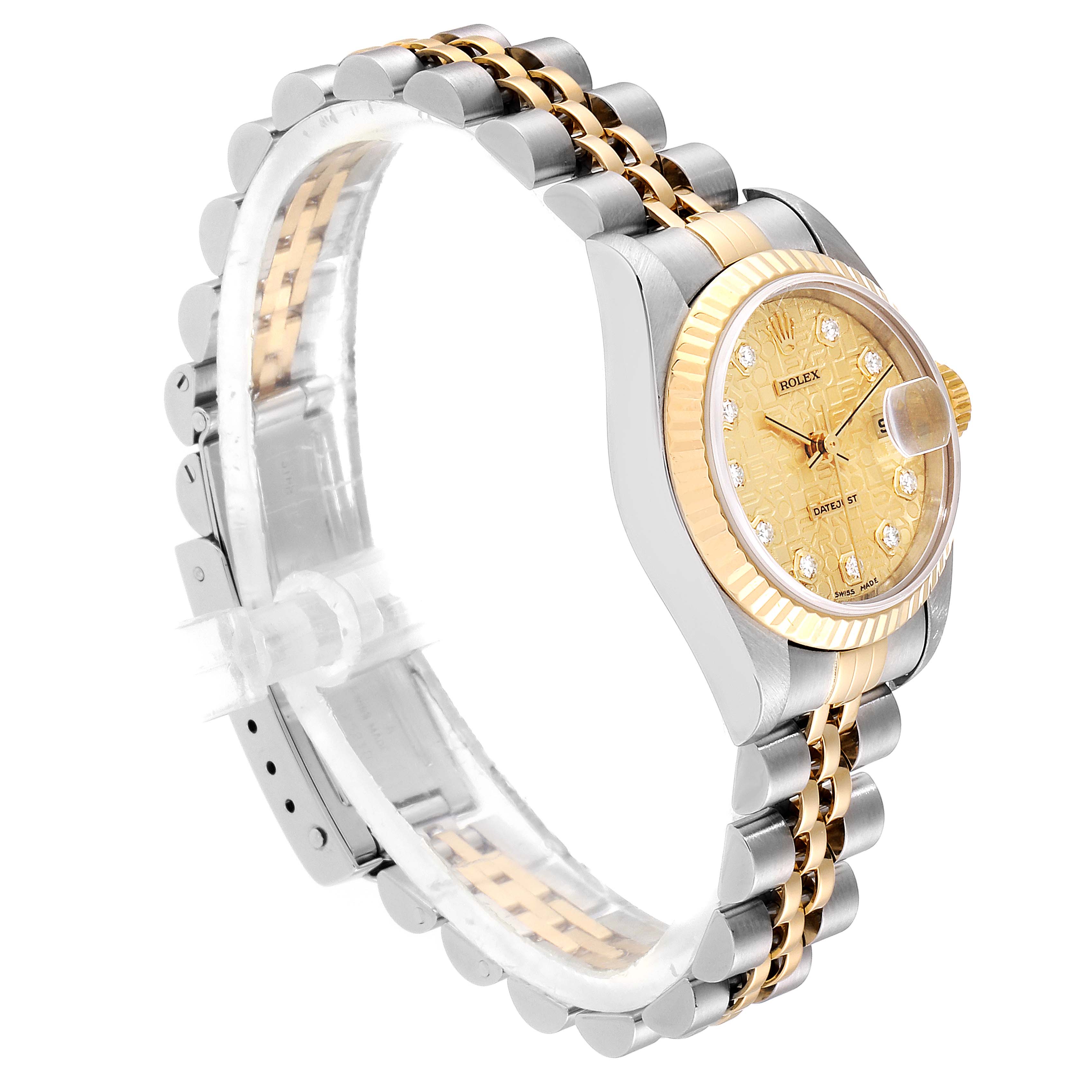 The image shows the Rolex Datejust 79173 Women's Steel and Gold (two tone) Champagne Dial 79173 Women's Steel and Gold (two tone) Champagne Dial watch at a three-quarter angle, highlighting its dial, bezel, and bracelet.