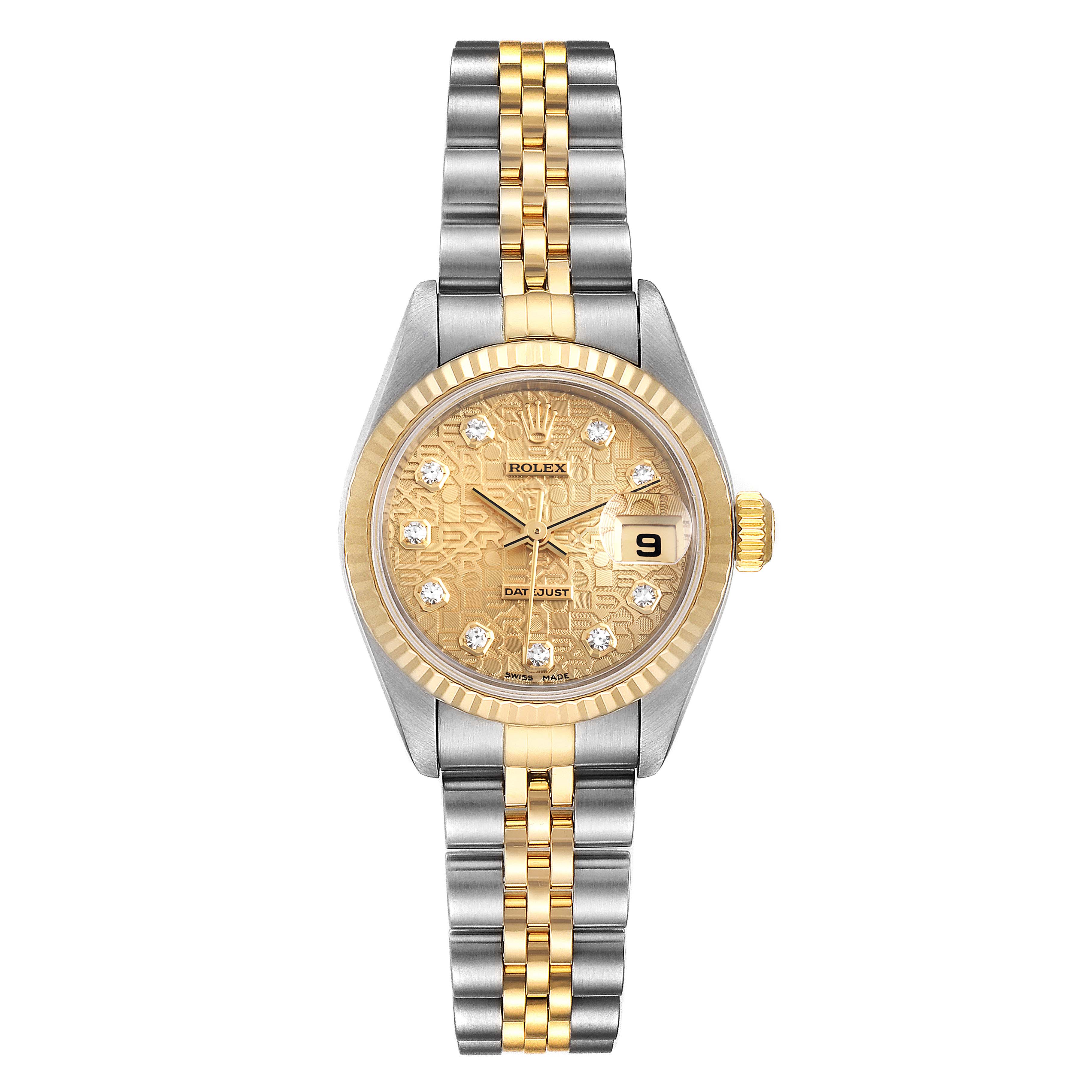 This image displays a Rolex Datejust 79173 Women's Steel and Gold (two tone) Champagne Dial 79173 Women's Steel and Gold (two tone) Champagne Dial watch in a straight-on angle, showcasing its face, bezel, crown, and two-tone bracelet.