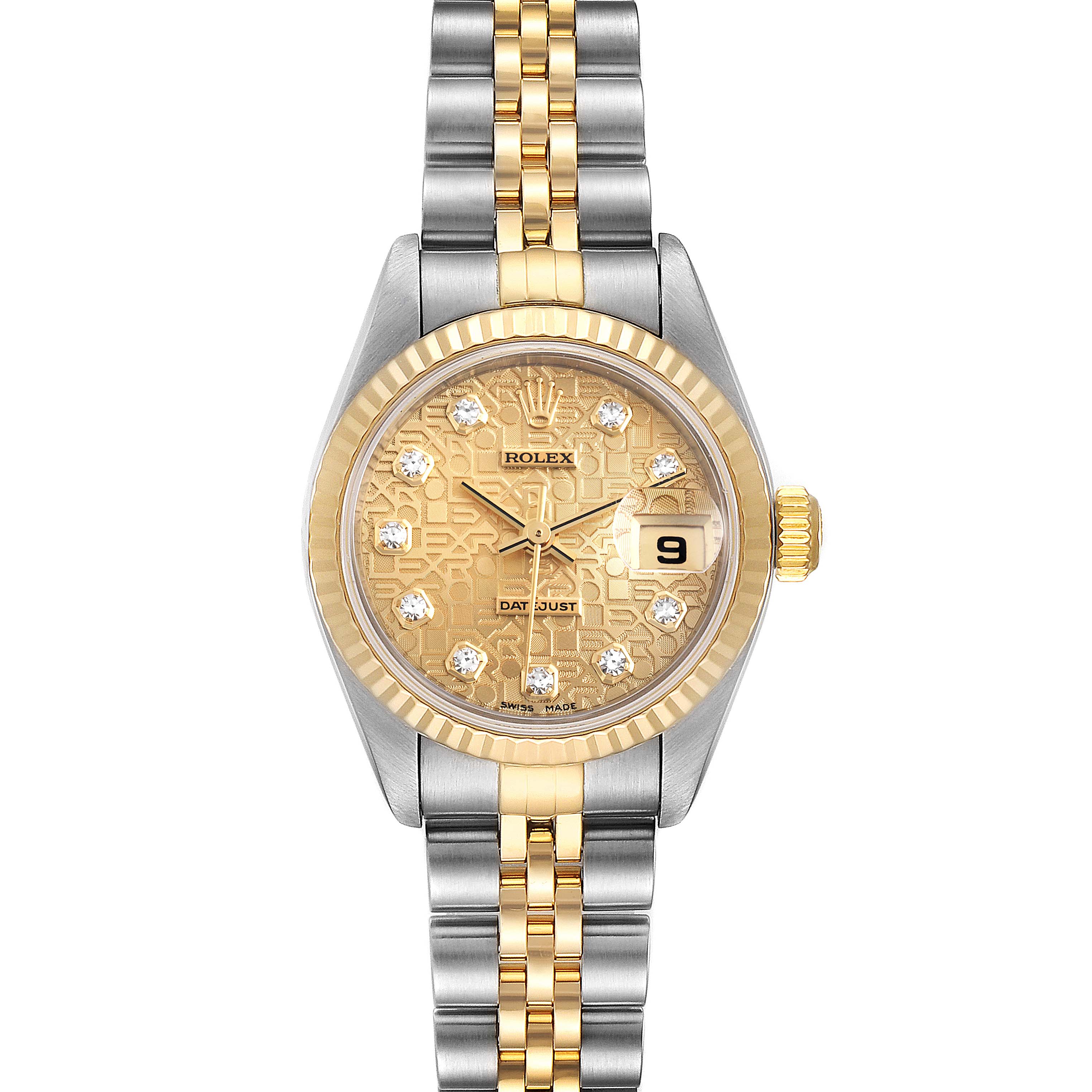 The image shows a front view of a Rolex Datejust 79173 Women's Steel and Gold (two tone) Champagne Dial 79173 Women's Steel and Gold (two tone) Champagne Dial watch with a two-tone metal bracelet, gold dial, and fluted bezel.