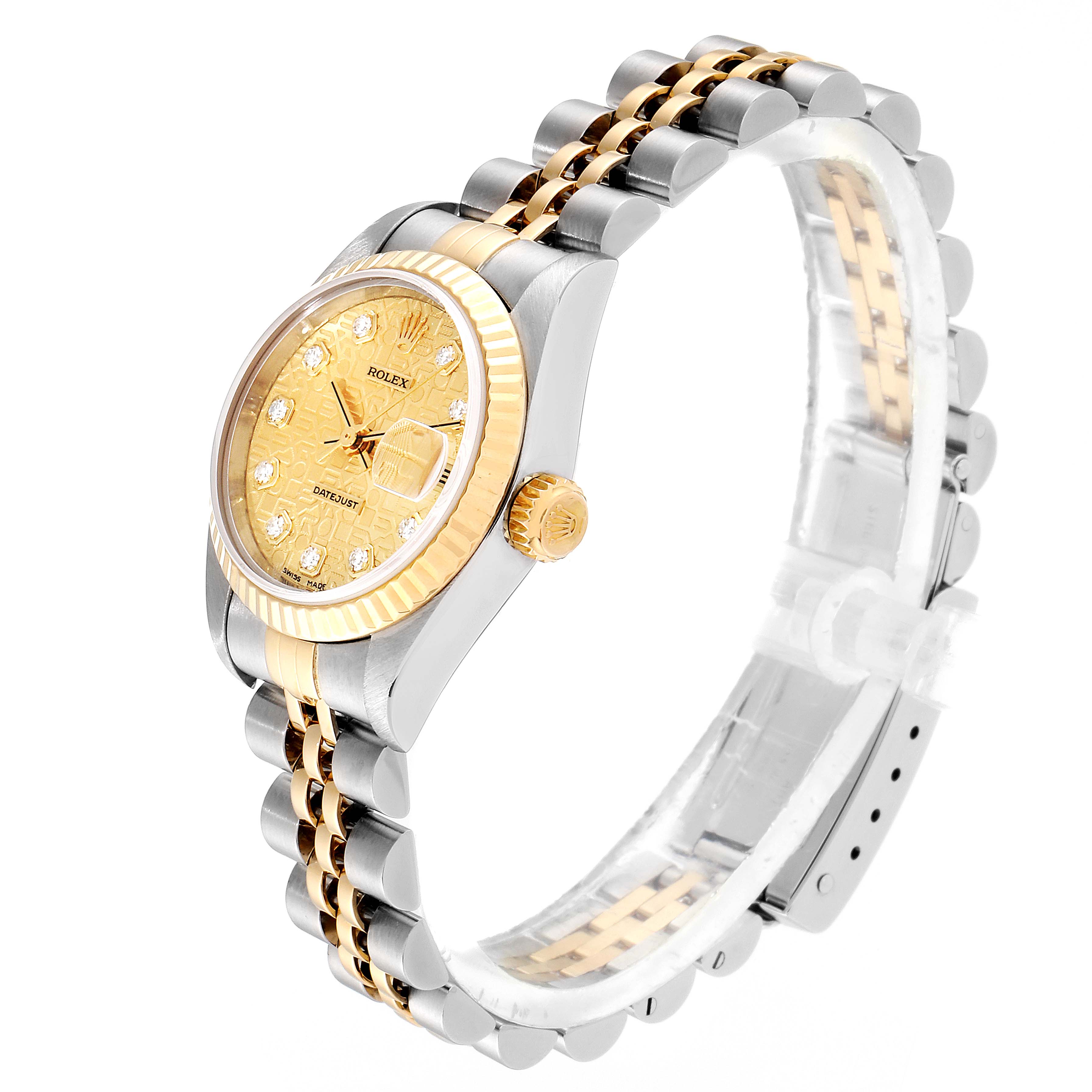 This Rolex Datejust 79173 Women's Steel and Gold (two tone) Champagne Dial 79173 Women's Steel and Gold (two tone) Champagne Dial watch is shown at an angle displaying the face, bezel, crown, and bracelet.