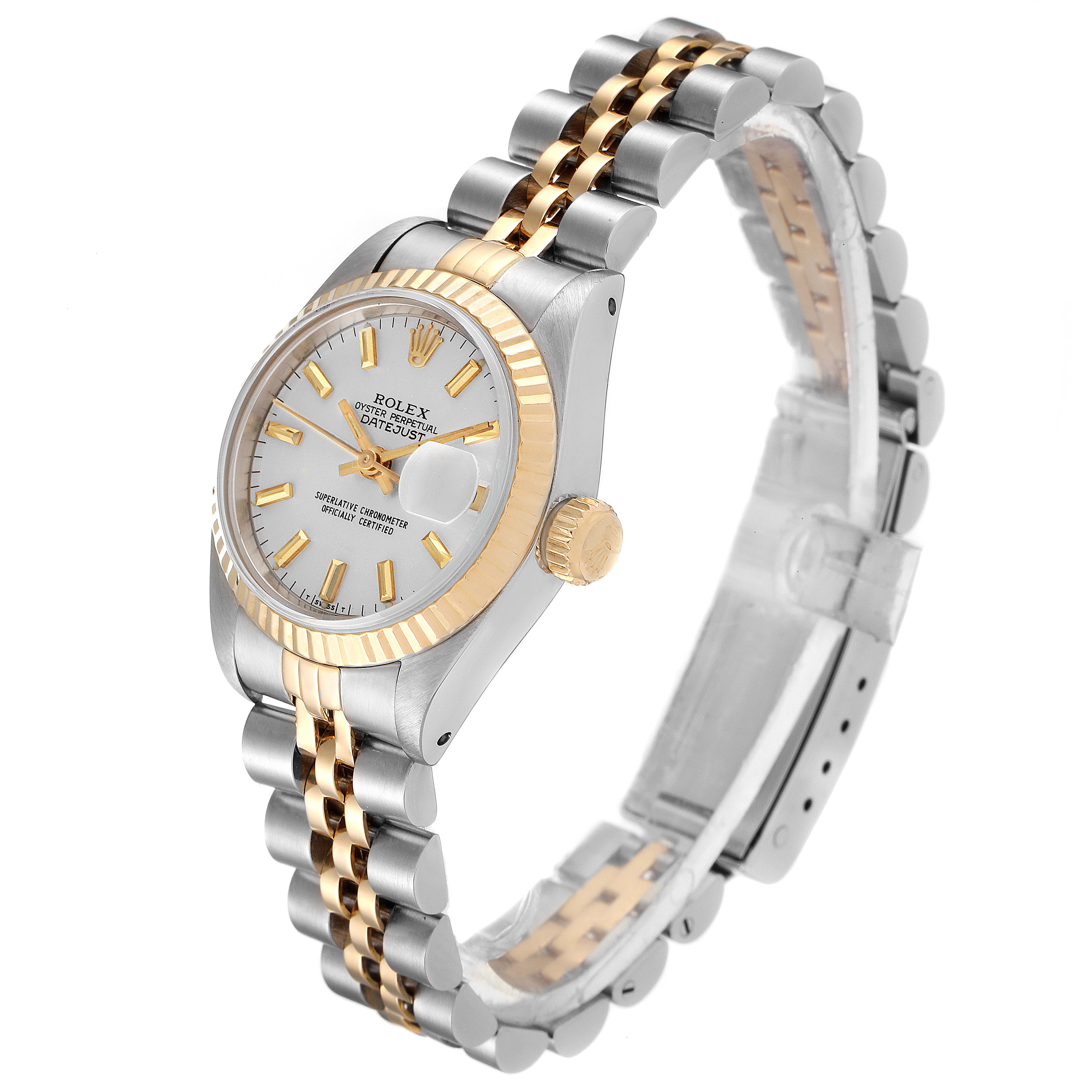This image shows a side and top view of the Rolex Datejust 69173 Women
s Steel and Gold (two tone) Silver Dial 69173 Women
s Steel and Gold (two tone) Silver Dial watch, highlighting its face, bezel, and bracelet.