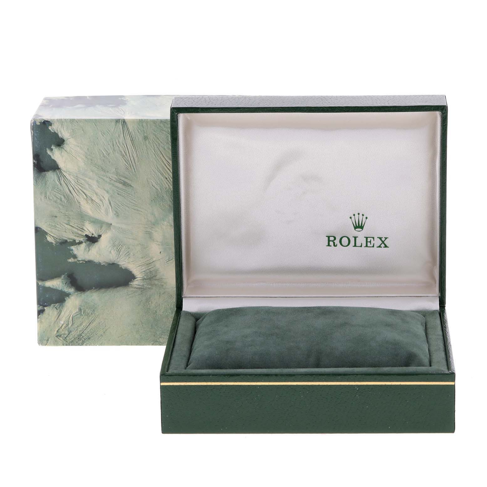 This image shows the open box and packaging for a Rolex Datejust 69173 Women
s Steel and Gold (two tone) Silver Dial 69173 Women
s Steel and Gold (two tone) Silver Dial model watch.