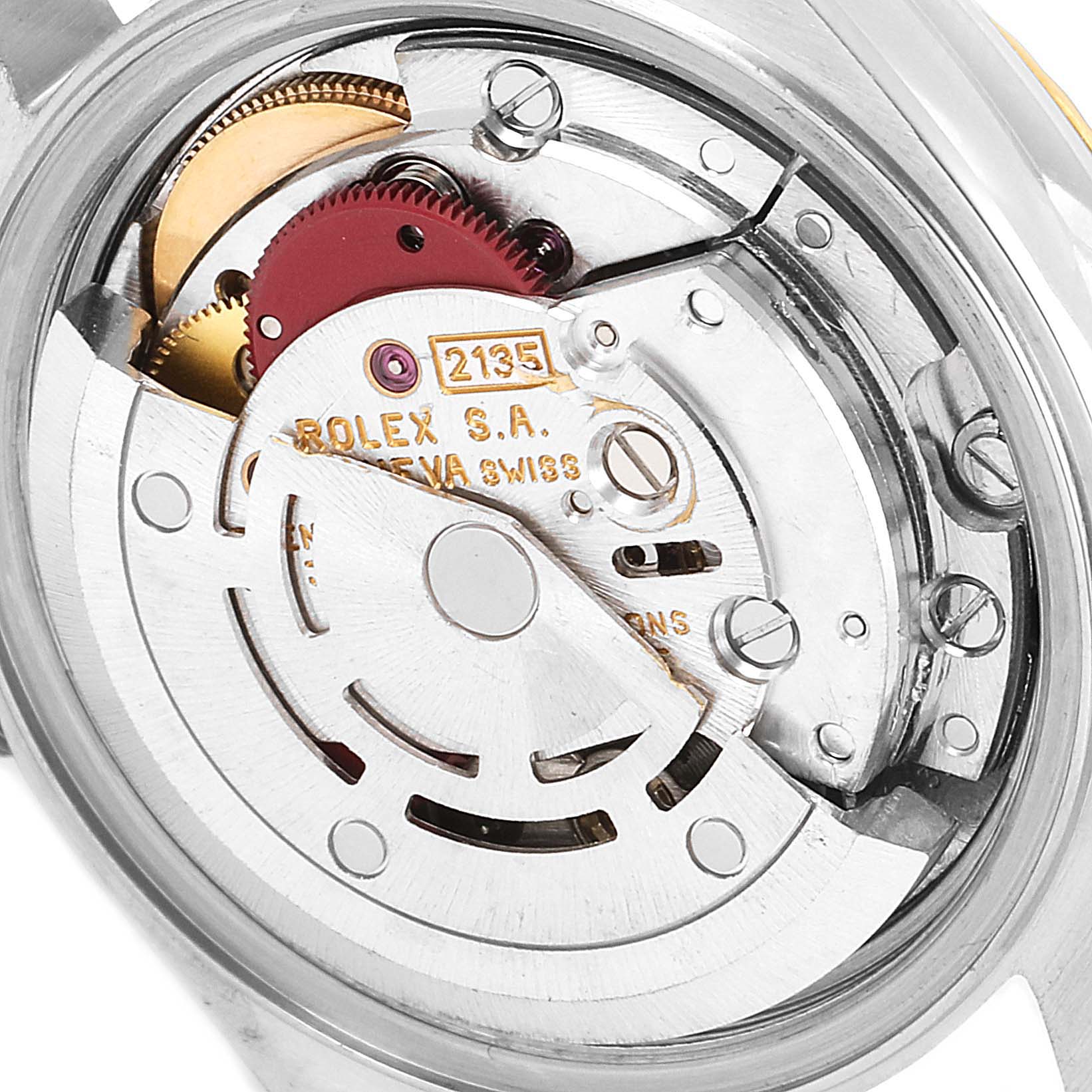 This image shows the internal movement parts of a Rolex Datejust 69173 Women
s Steel and Gold (two tone) Silver Dial 69173 Women
s Steel and Gold (two tone) Silver Dial watch viewed from the back.