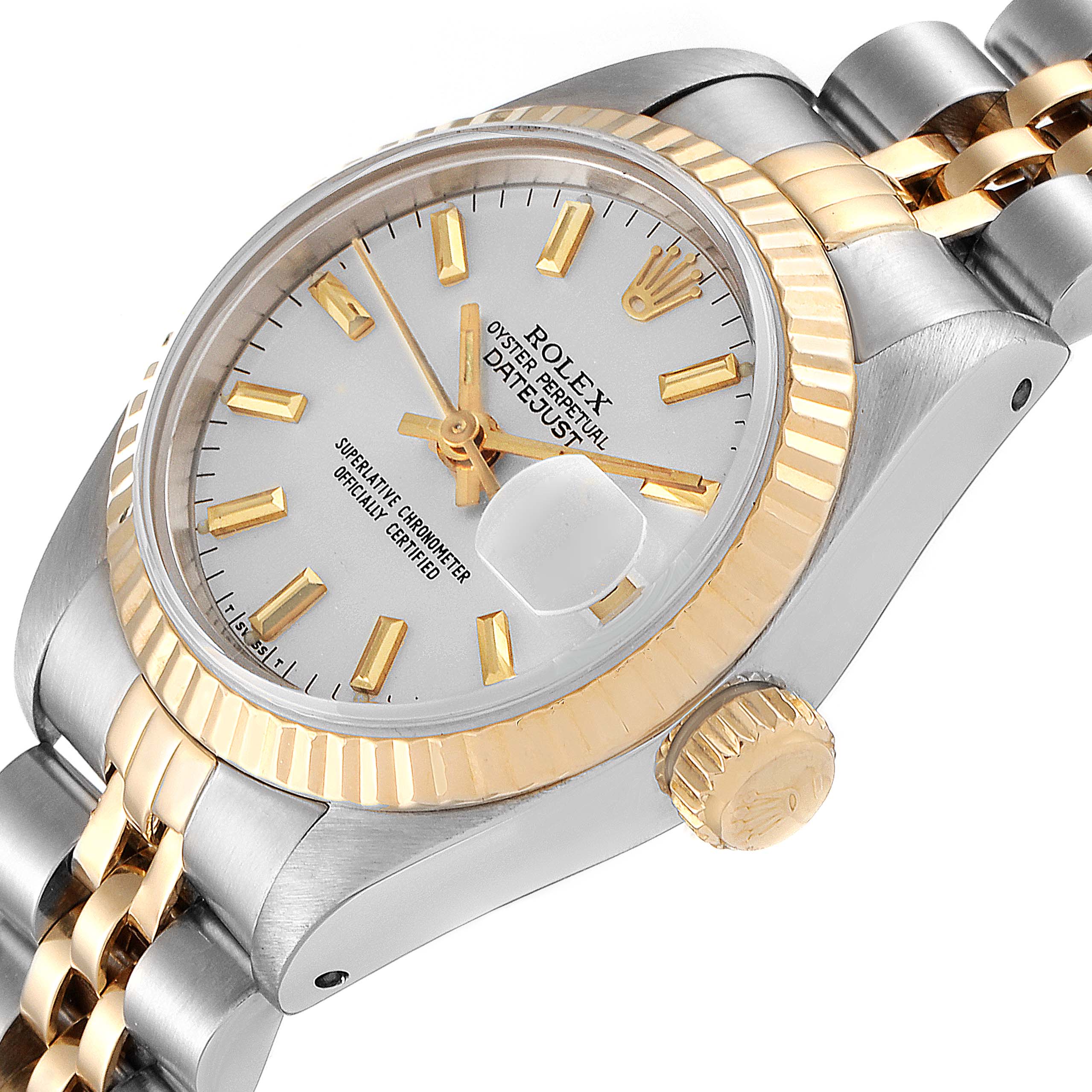 This image shows a close-up angled view of the Rolex Datejust 69173 Women
s Steel and Gold (two tone) Silver Dial 69173 Women
s Steel and Gold (two tone) Silver Dial watch, highlighting the dial, bezel, crown, and part of the bracelet.