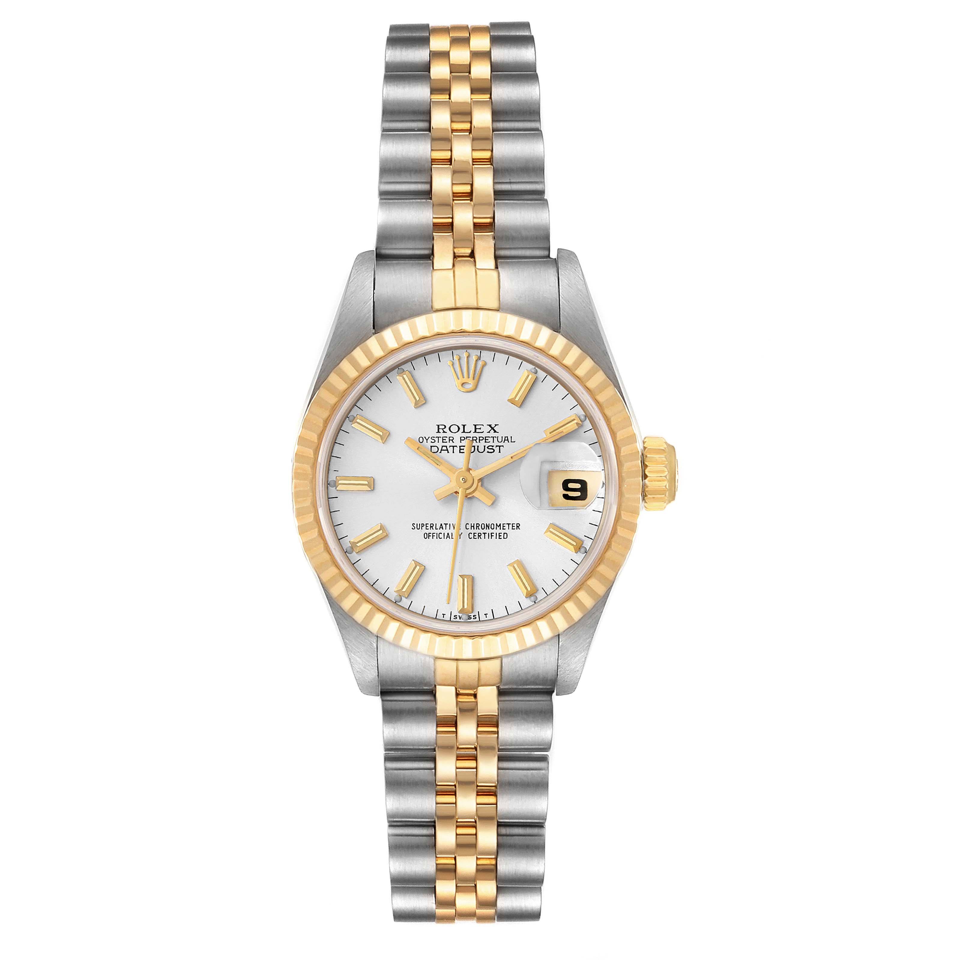 This image shows a Rolex Datejust 69173 Women
s Steel and Gold (two tone) Silver Dial 69173 Women
s Steel and Gold (two tone) Silver Dial watch from a front angle, highlighting the dial, bezel, crown, and two-tone bracelet.