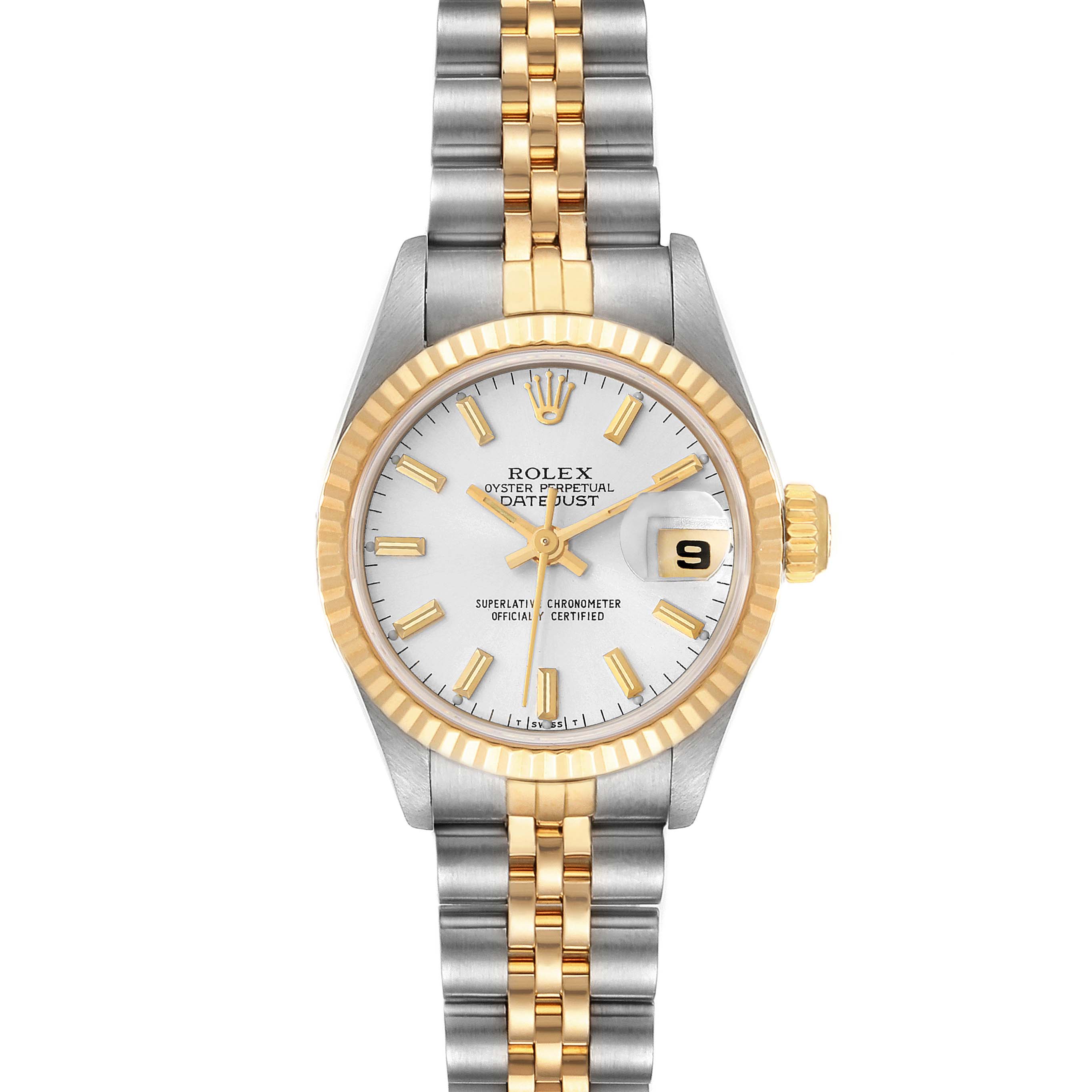 The image shows a front view of the Rolex Datejust 69173 Women
s Steel and Gold (two tone) Silver Dial 69173 Women
s Steel and Gold (two tone) Silver Dial watch, highlighting the dial, bezel, crown, and bracelet.