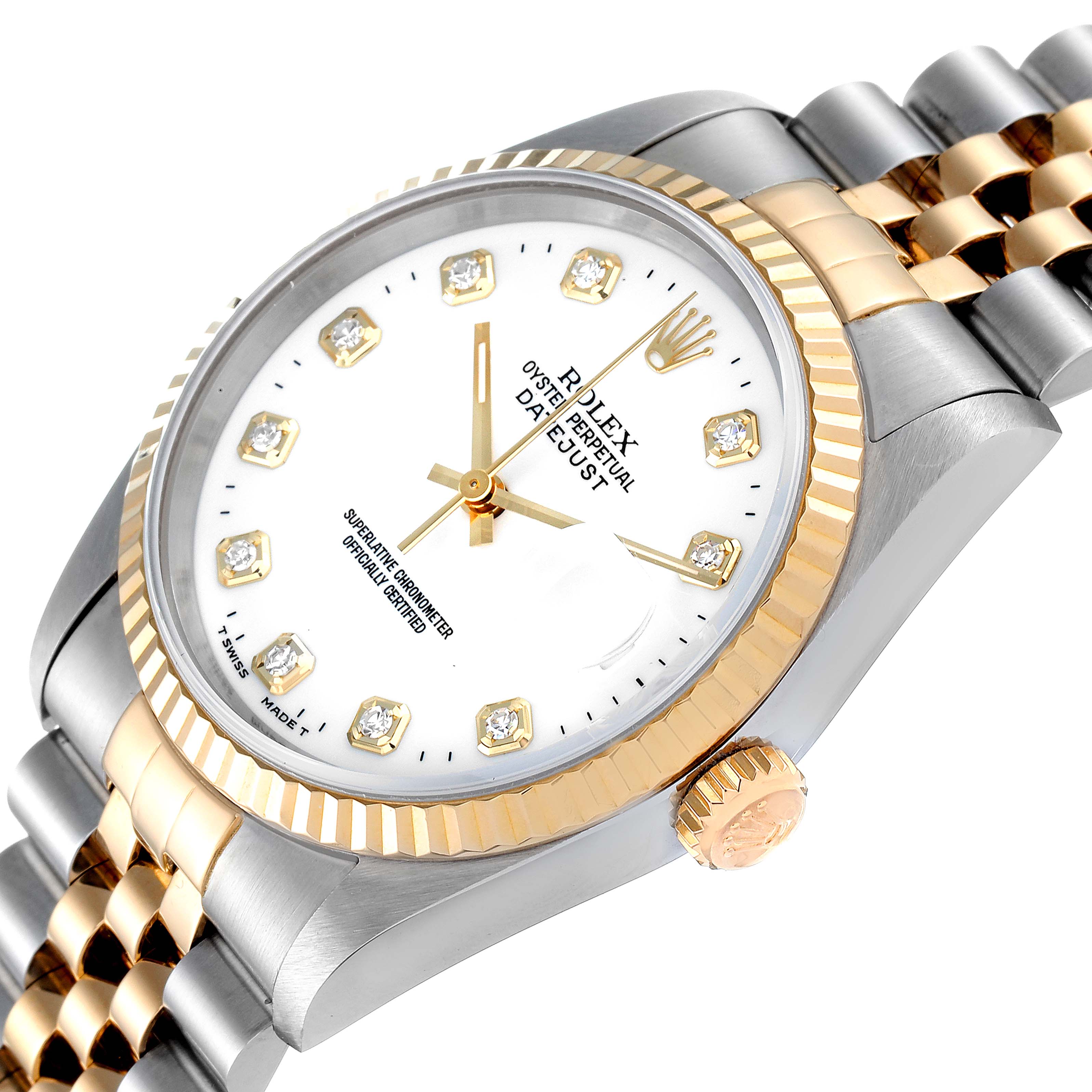 This image shows a close-up angled view of a Rolex Datejust 16233 Men's Steel and Gold (two tone) White Dial 16233 Men's Steel and Gold (two tone) White Dial watch, displaying the dial, bezel, crown, and bracelet.