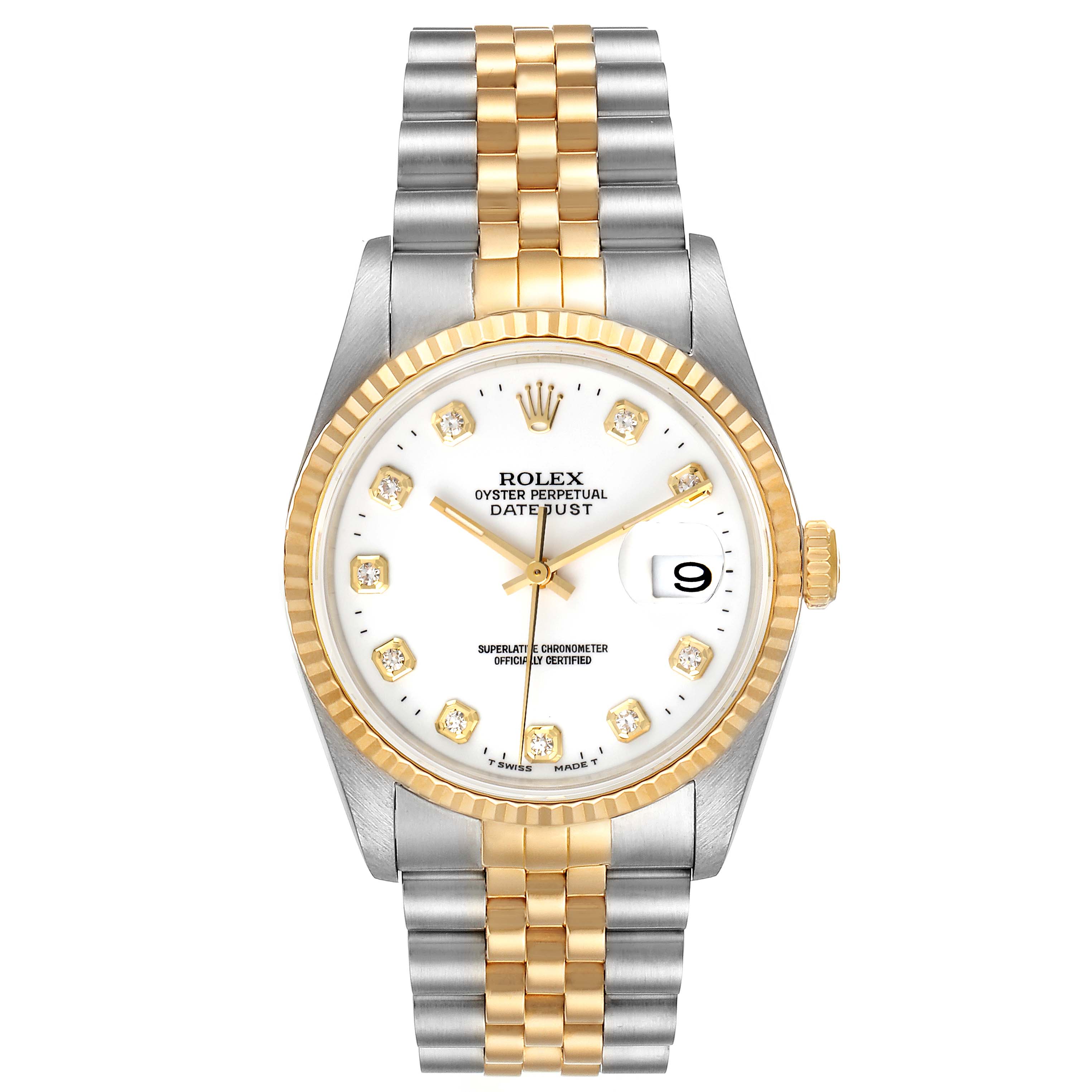 This image shows a front view of a Rolex Datejust 16233 Men's Steel and Gold (two tone) White Dial 16233 Men's Steel and Gold (two tone) White Dial watch featuring a two-tone bracelet, white dial, gold bezel, and date display.