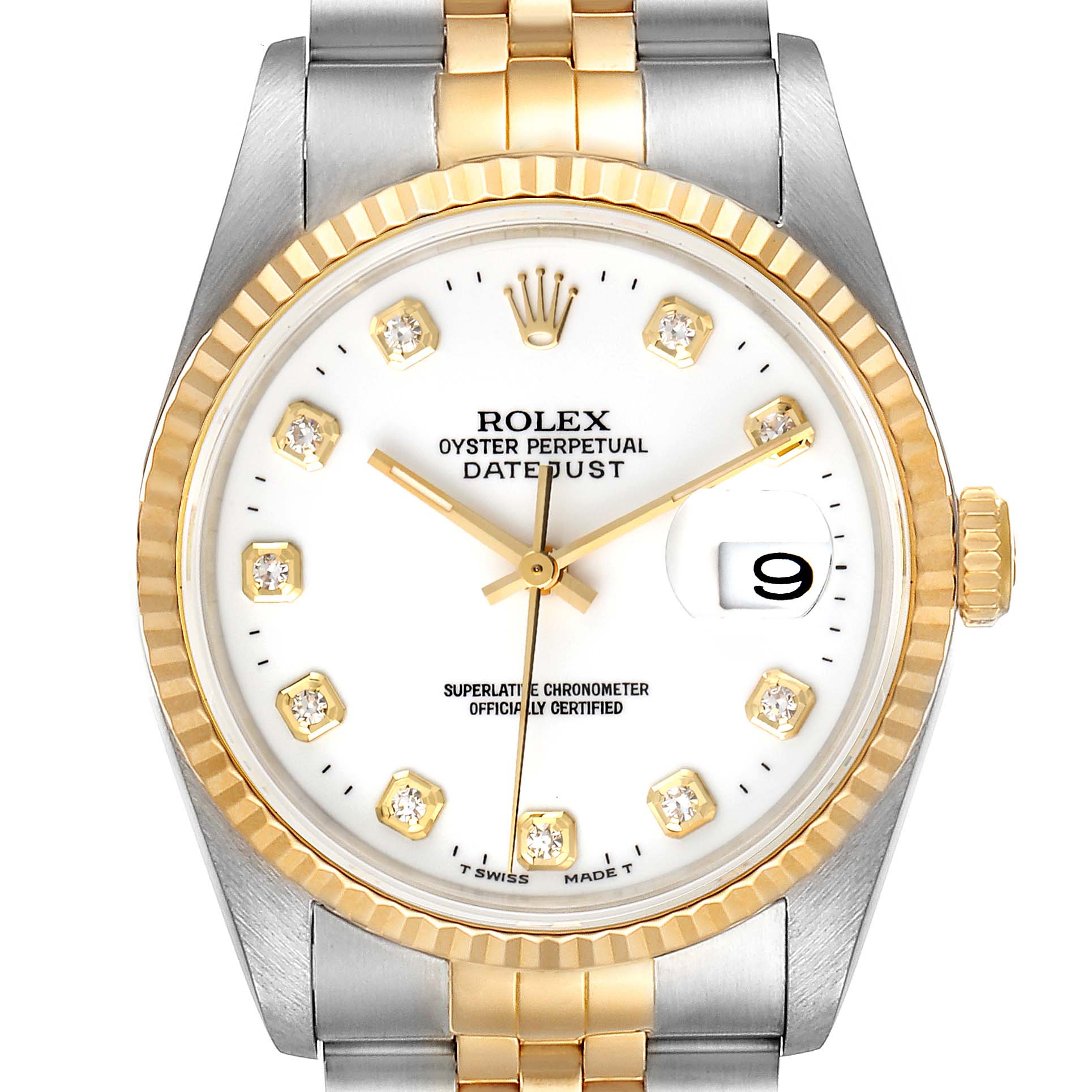 This image shows a front view of the Rolex Datejust 16233 Men's Steel and Gold (two tone) White Dial 16233 Men's Steel and Gold (two tone) White Dial watch, displaying its dial, bezel, hands, crown, and part of its bracelet.
