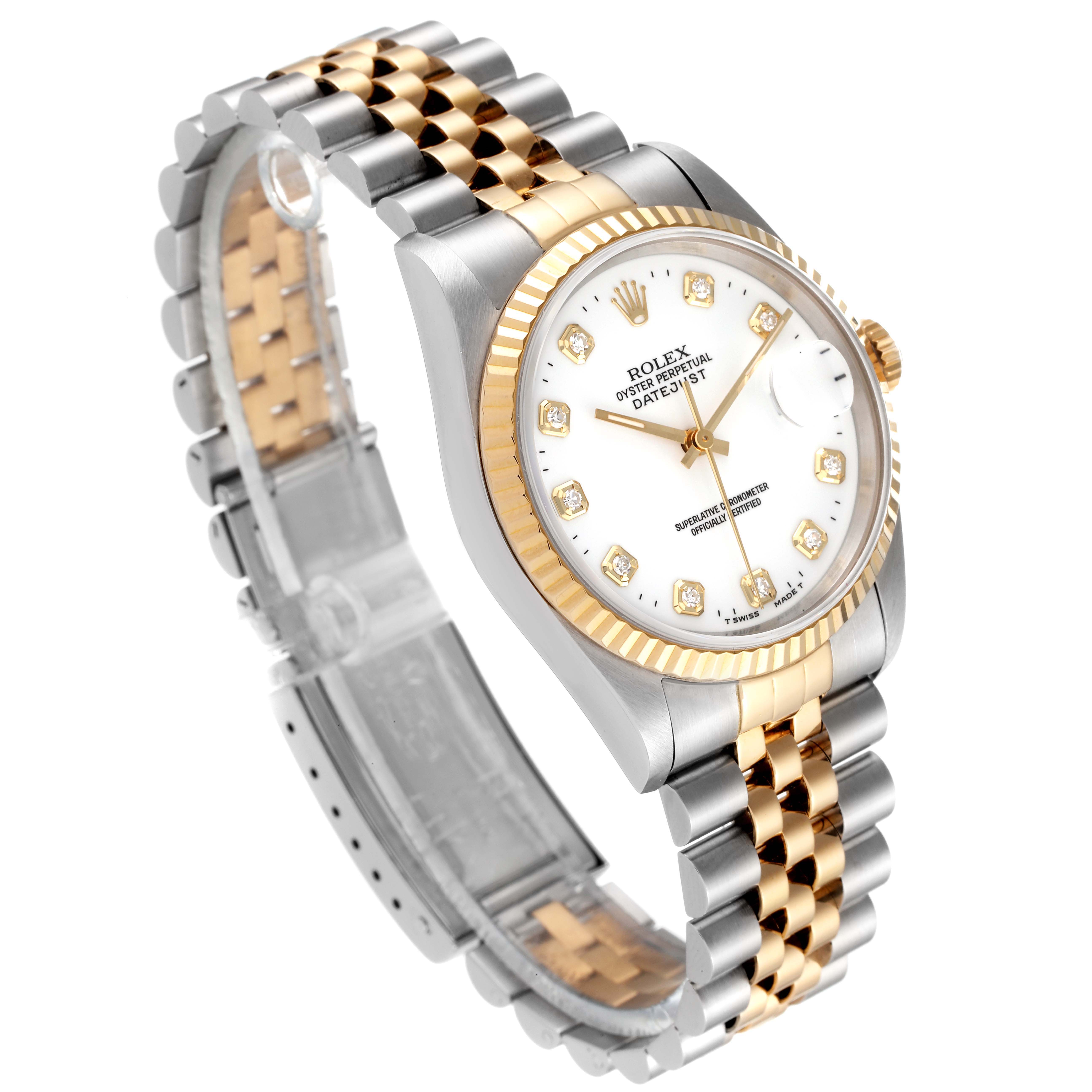 This image shows a Rolex Datejust 16233 Men's Steel and Gold (two tone) White Dial 16233 Men's Steel and Gold (two tone) White Dial watch from a three-quarter angle, highlighting the face, bezel, and two-tone bracelet.
