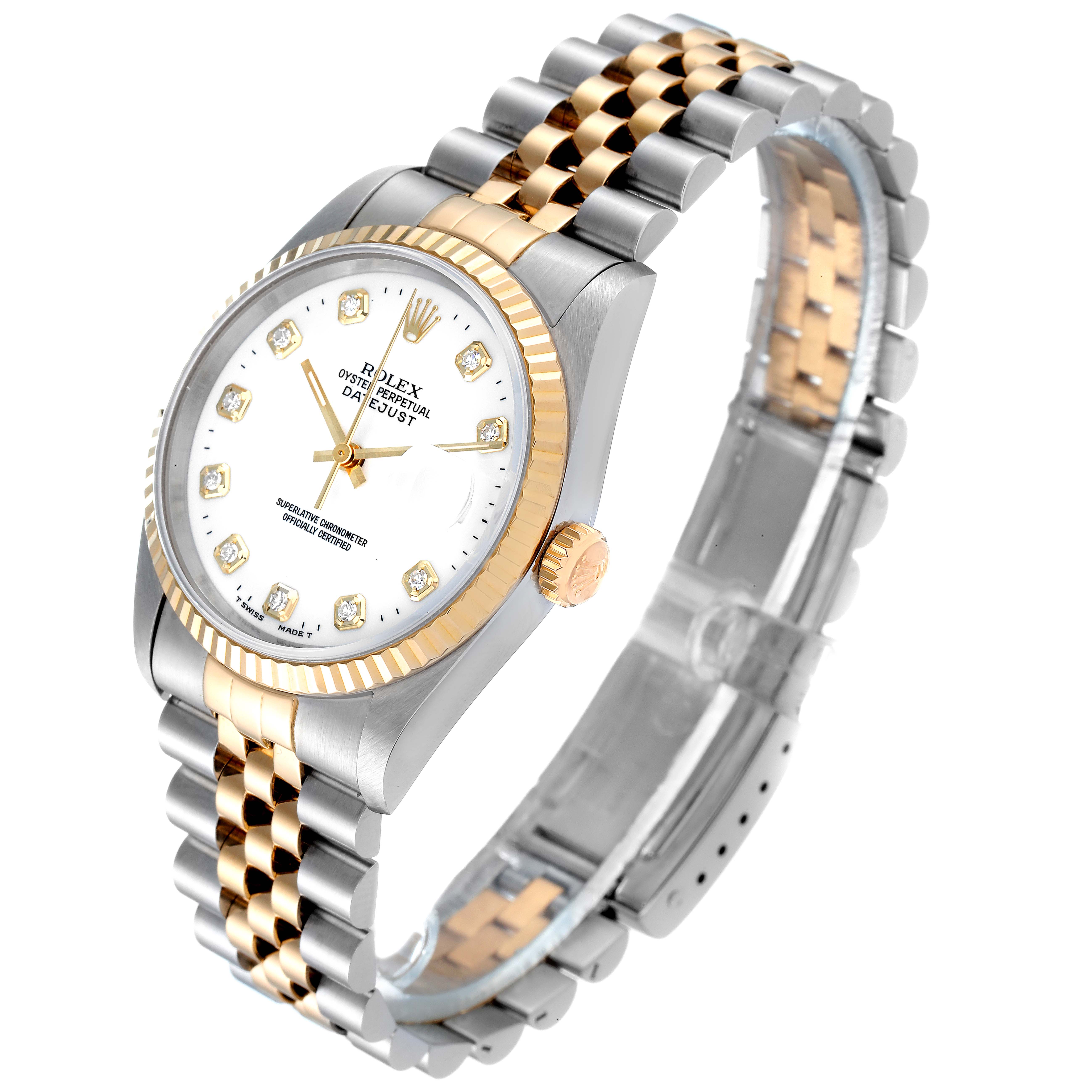 The image shows a Rolex Datejust 16233 Men's Steel and Gold (two tone) White Dial 16233 Men's Steel and Gold (two tone) White Dial watch at a 3/4 angle, highlighting its face, bezel, crown, and bracelet.